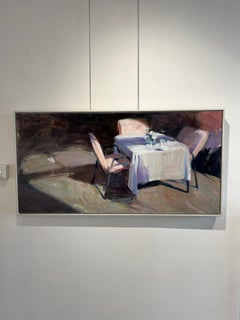 ''Table'' Contemporary Oil Painting of an Empty Sunny Terrace with Pink Chairs