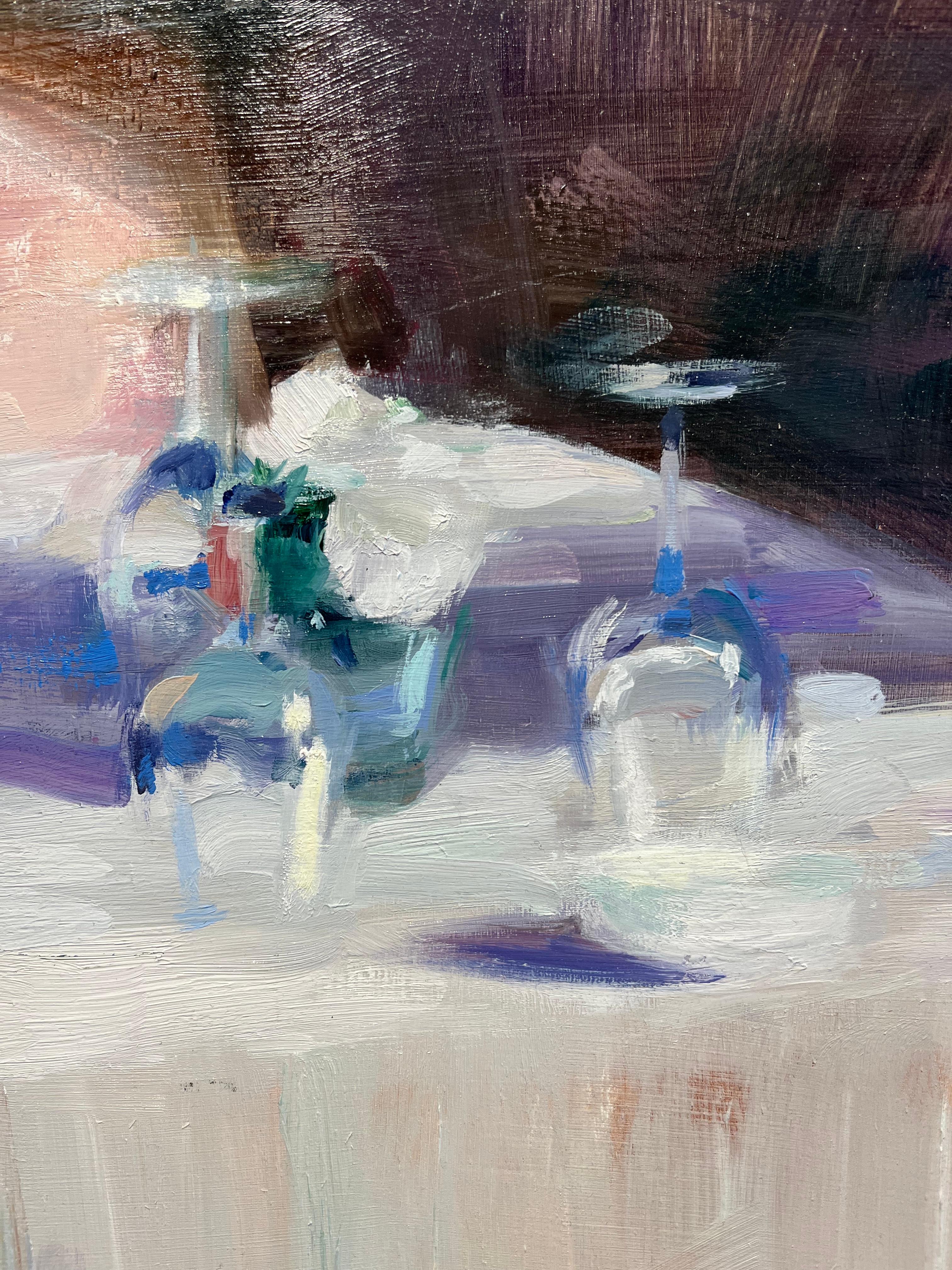 ''Table'' Contemporary Oil Painting of an Empty Sunny Terrace with Pink Chairs For Sale 3