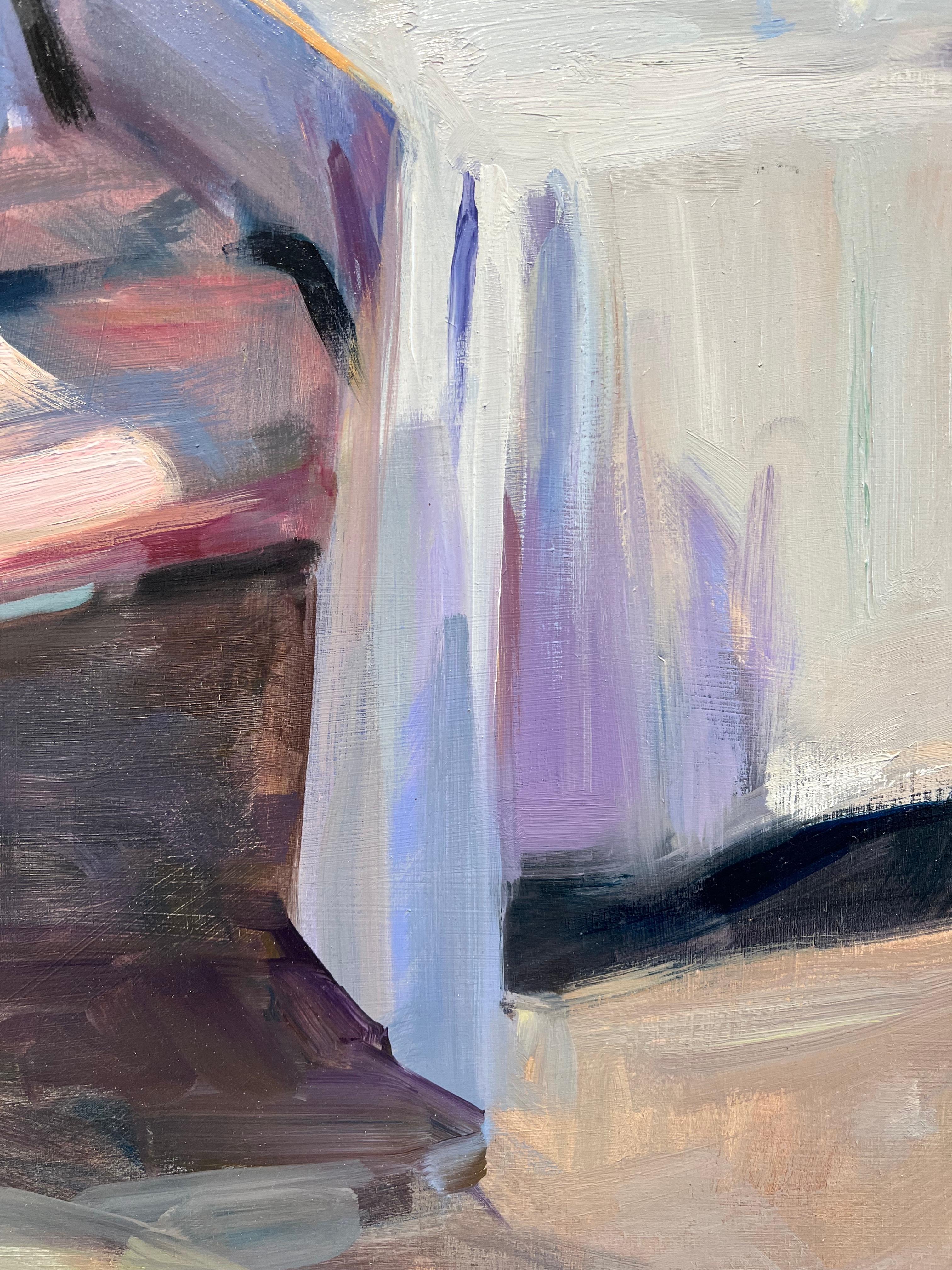''Table'' Contemporary Oil Painting of an Empty Sunny Terrace with Pink Chairs For Sale 4