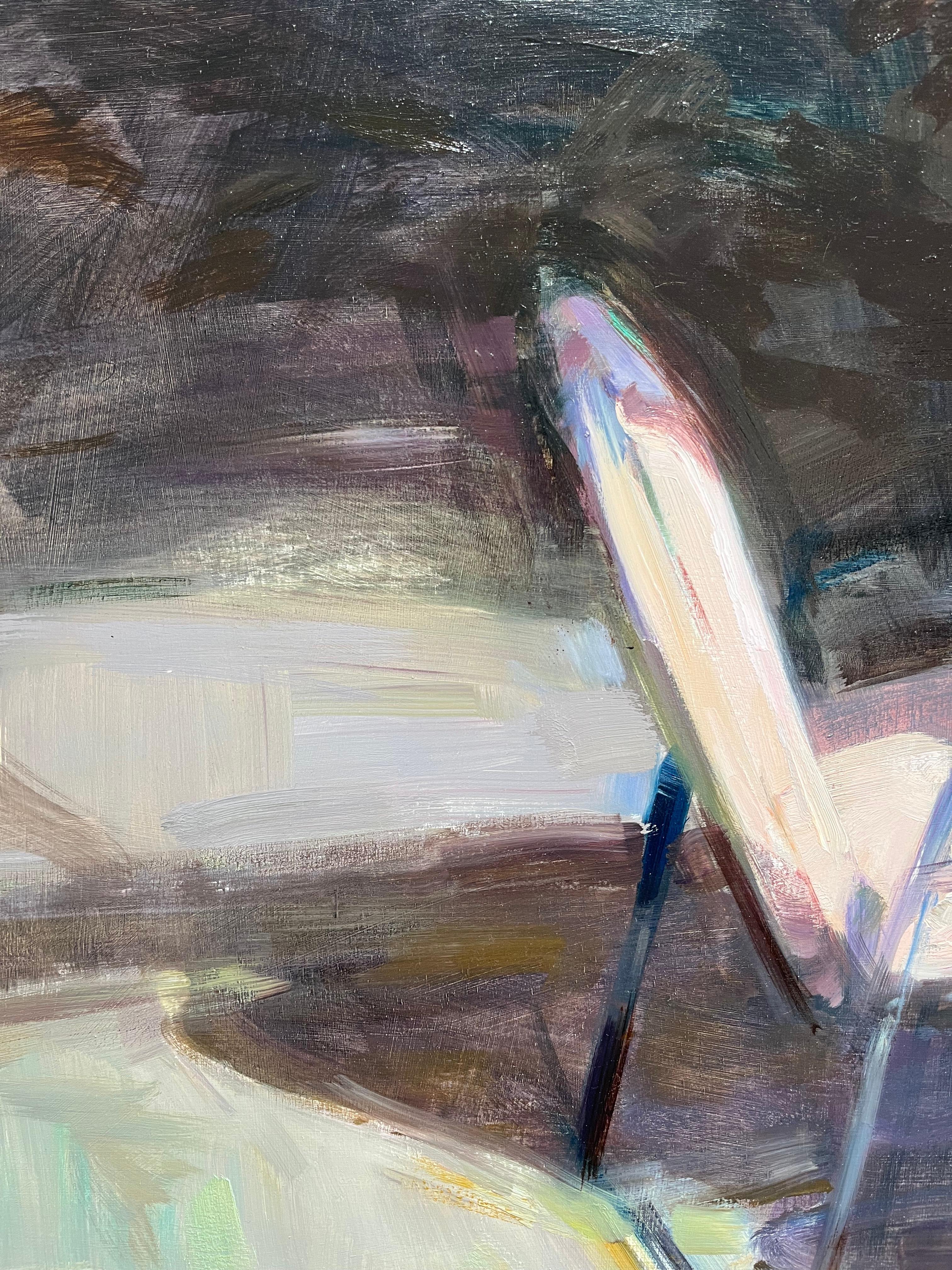 ''Table'' Contemporary Oil Painting of an Empty Sunny Terrace with Pink Chairs For Sale 6