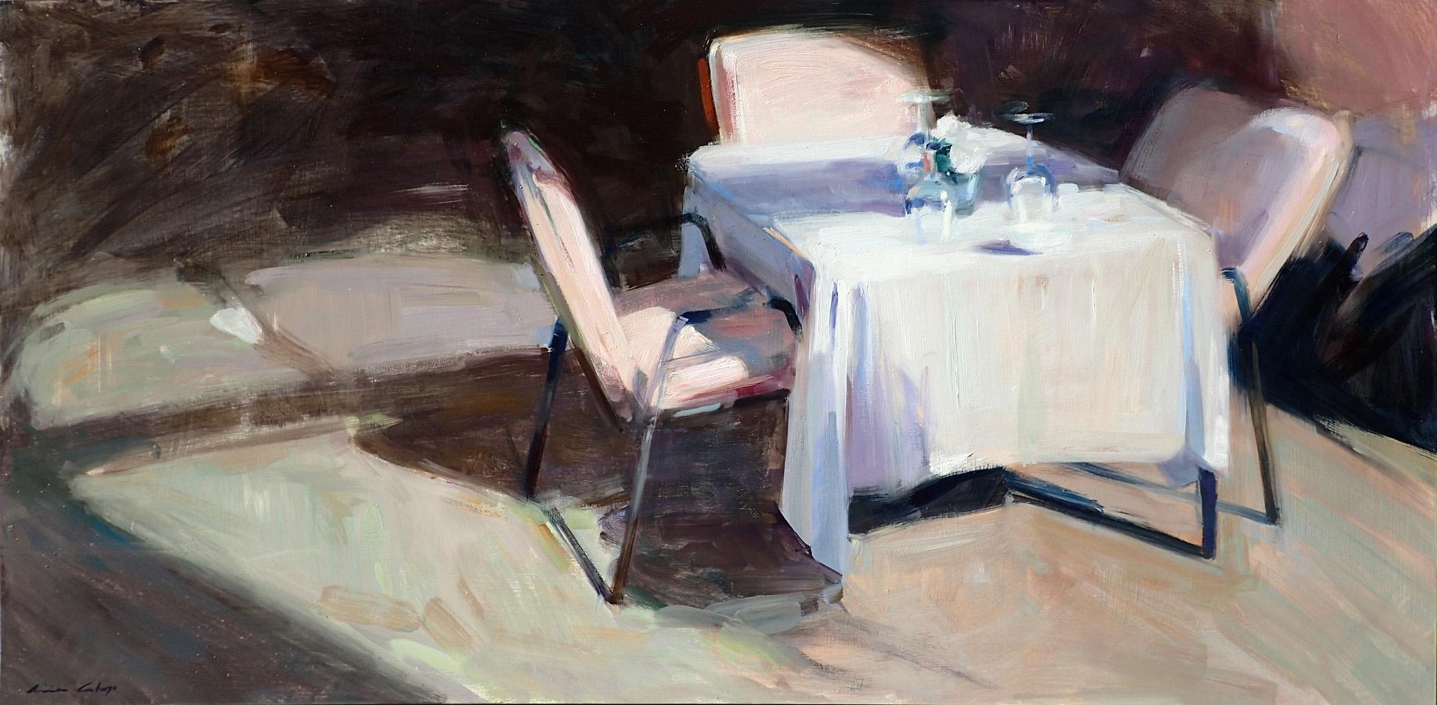''Table'' Contemporary Oil Painting of an Empty Sunny Terrace with Pink Chairs
