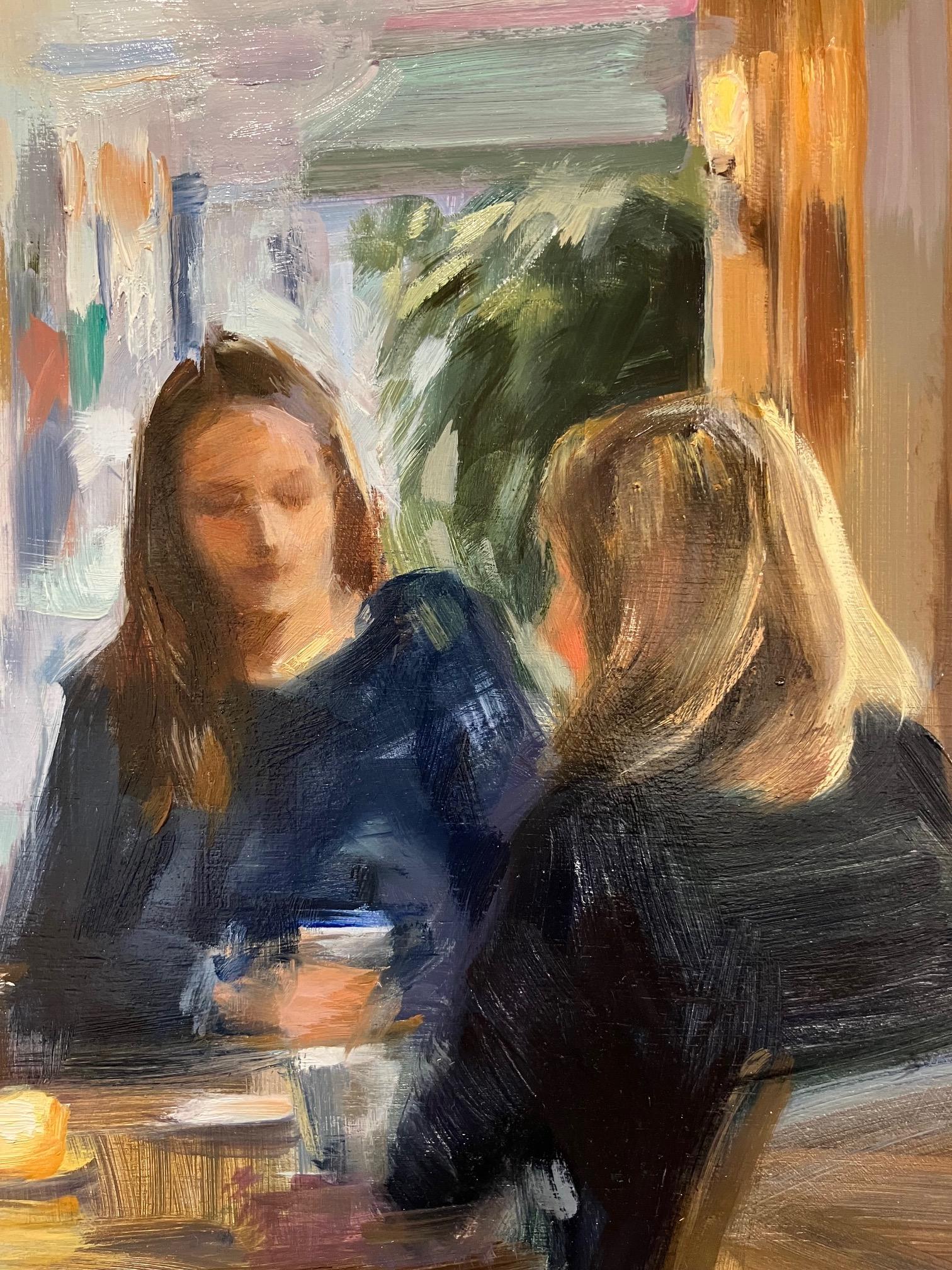 ''Tea in Stockholm'' Peinture à l'huile contemporaine représentant trois femmes dans un café - Painting de Mònica Castanys