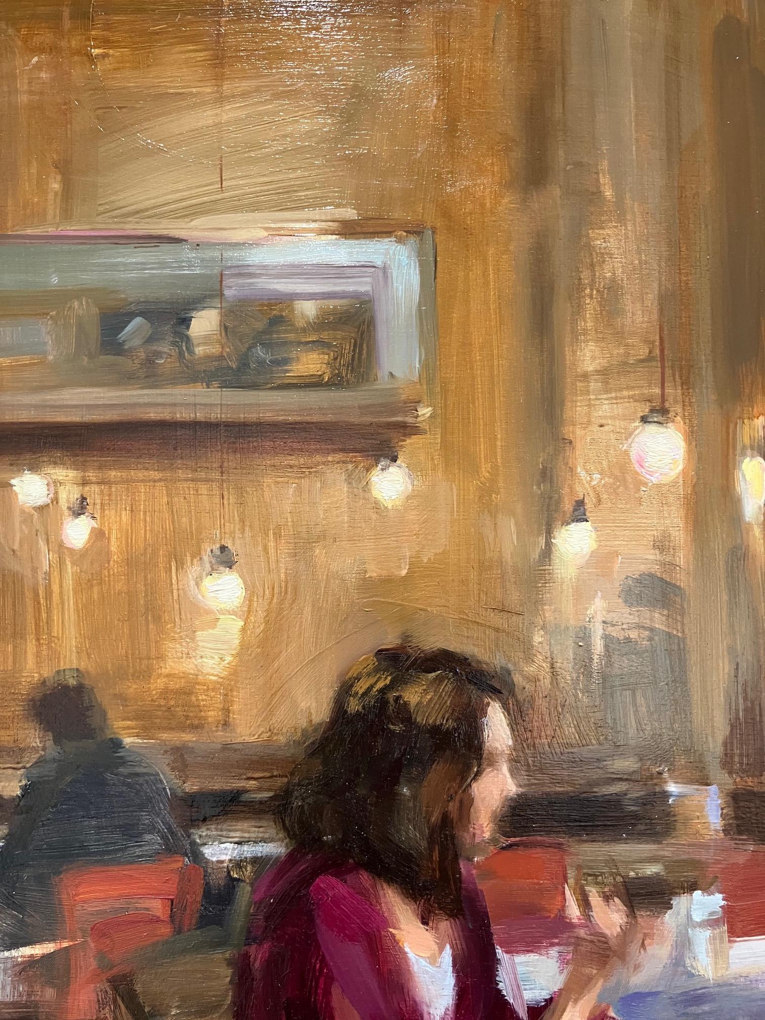 ''Tea in Stockholm'' Peinture à l'huile contemporaine représentant trois femmes dans un café en vente 1