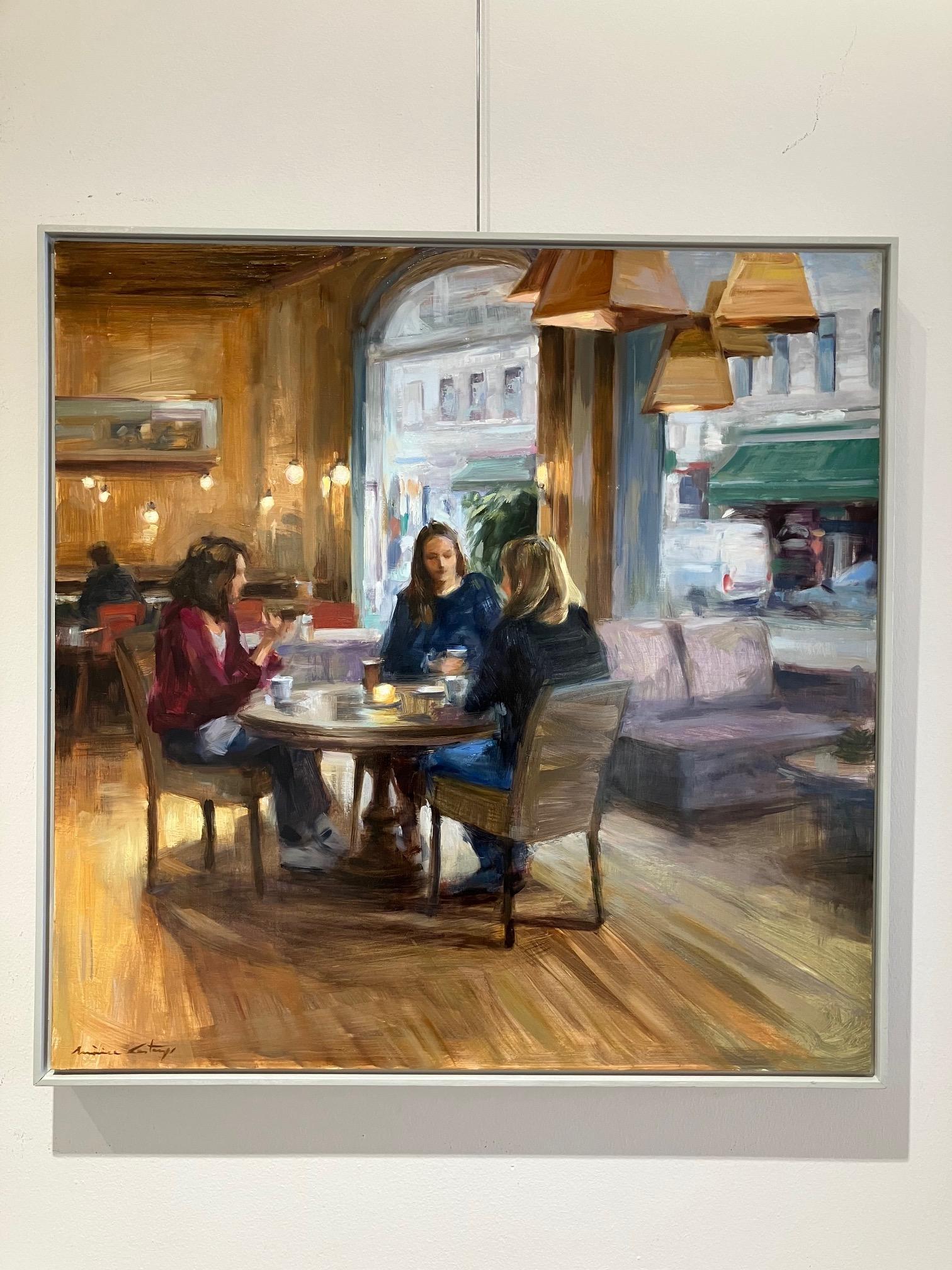 ''Tea in Stockholm'' Peinture à l'huile contemporaine représentant trois femmes dans un café en vente 3