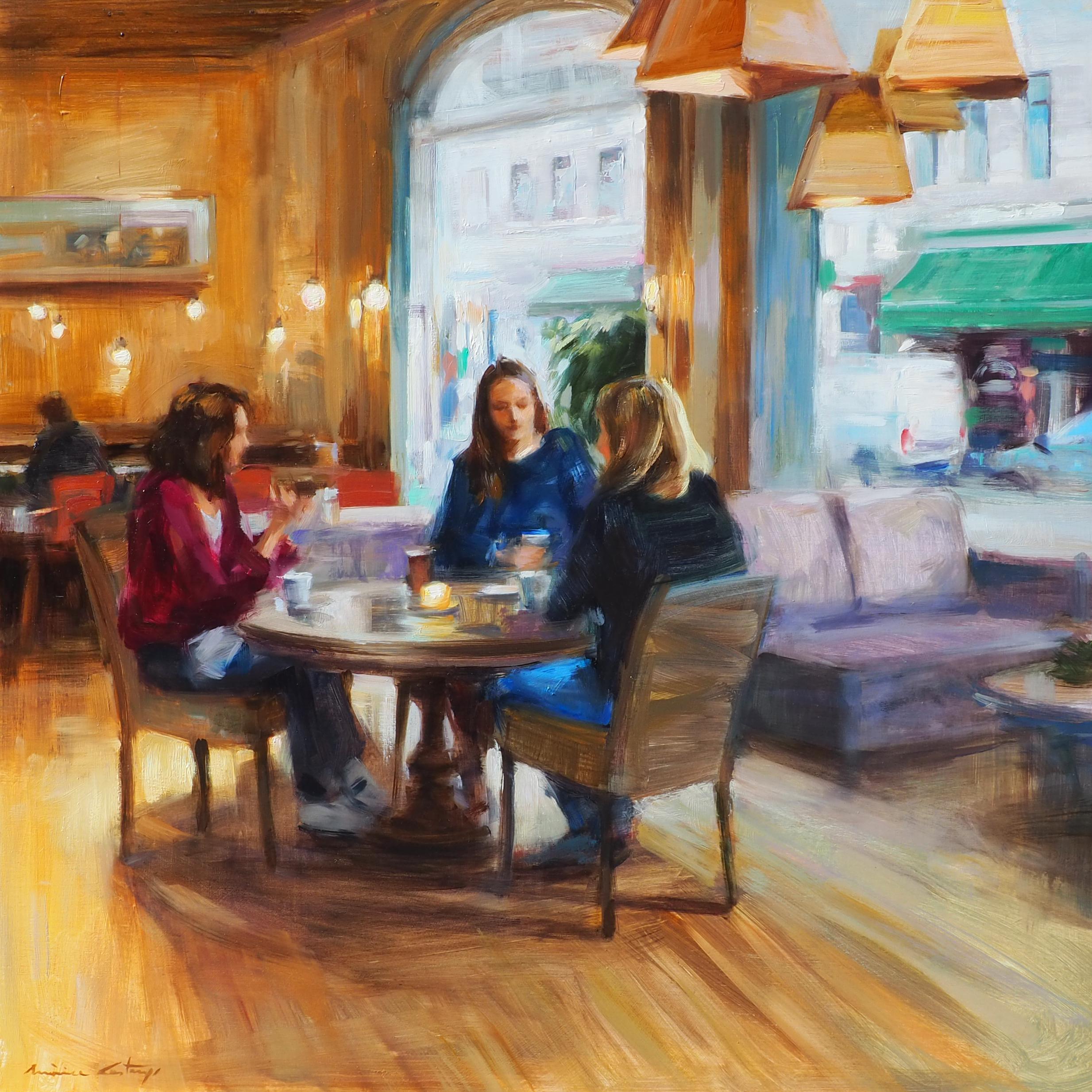 Interior Painting Mònica Castanys - ''Tea in Stockholm'' Peinture à l'huile contemporaine représentant trois femmes dans un café