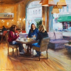 Tee in Stockholm": Zeitgenössisches Ölgemälde von drei Frauen in einem Café
