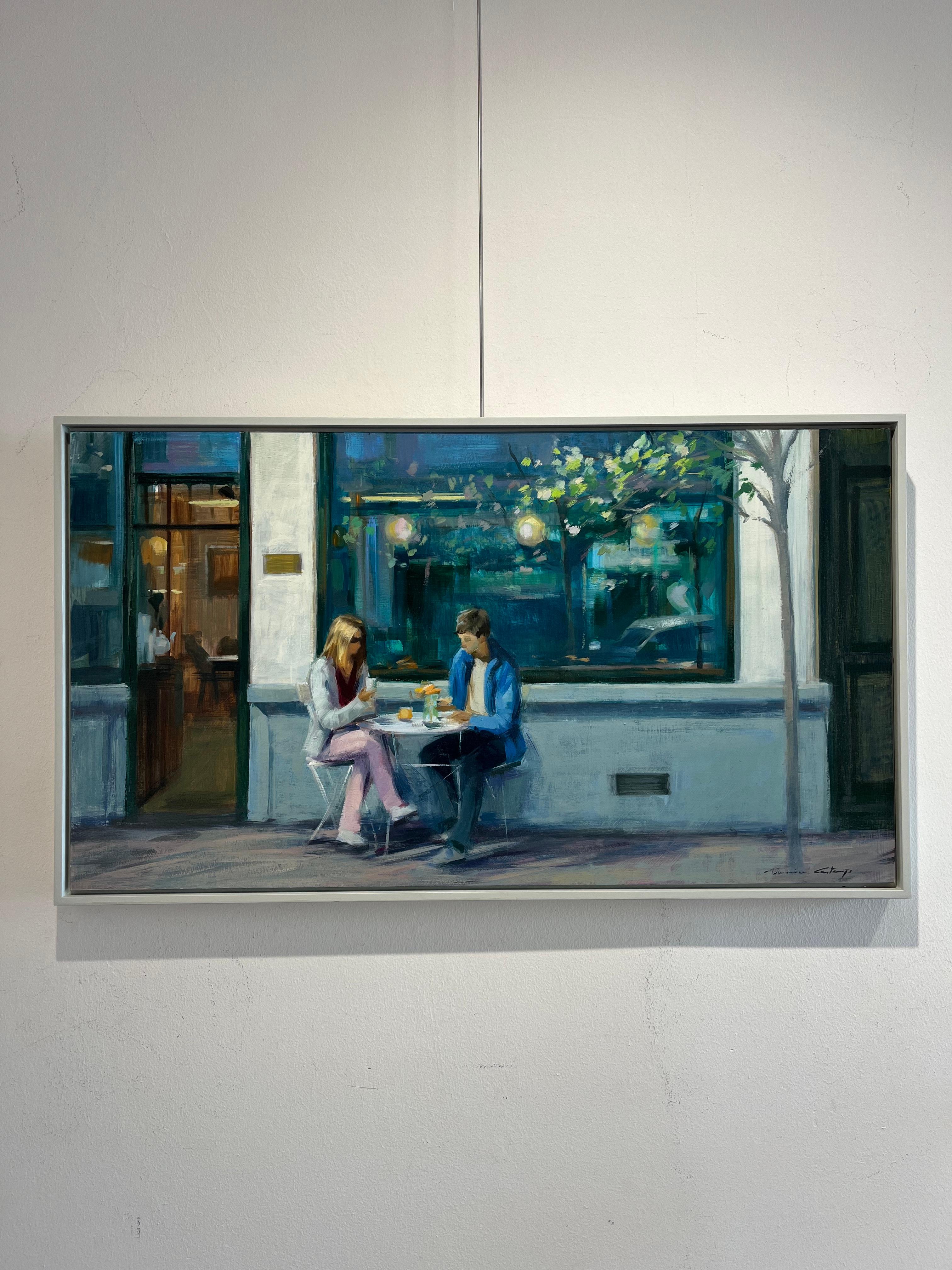 ''You and Me'' Contemporary Oil Painting of a Couple Drinking Coffee In The Sun - Gray Figurative Painting by Mònica Castanys