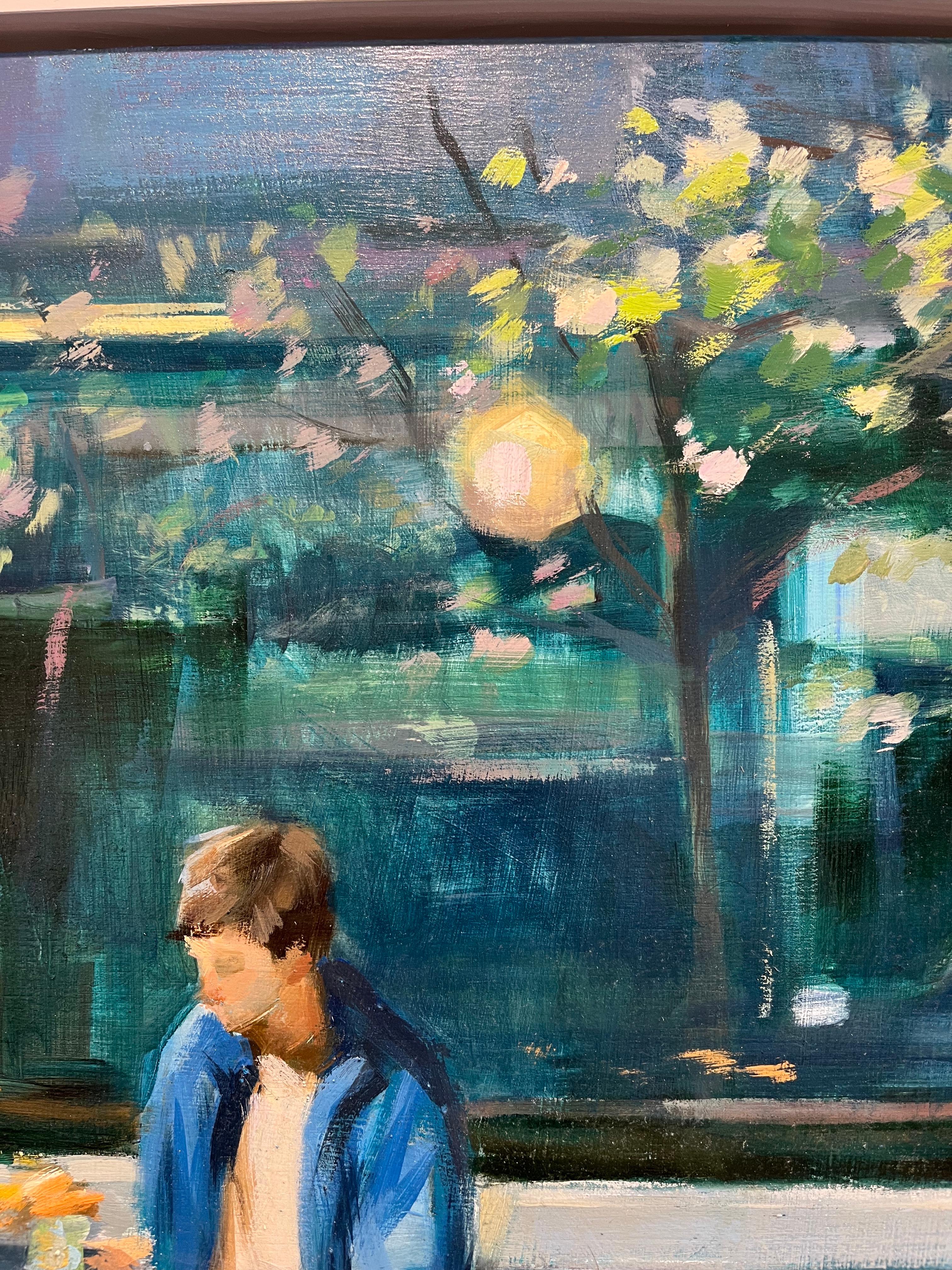''You and Me'' Contemporary Oil Painting of a Couple Drinking Coffee In The Sun For Sale 2