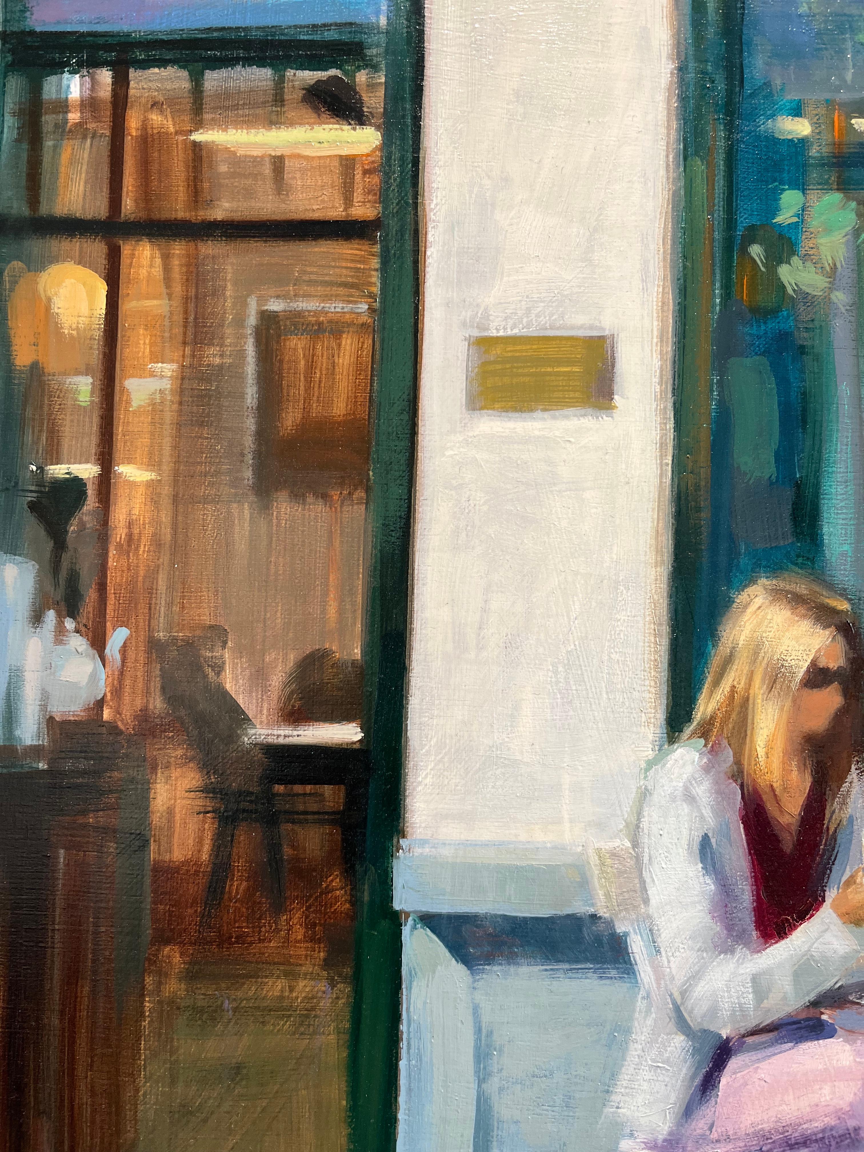 ''You and Me'' Contemporary Oil Painting of a Couple Drinking Coffee In The Sun For Sale 3