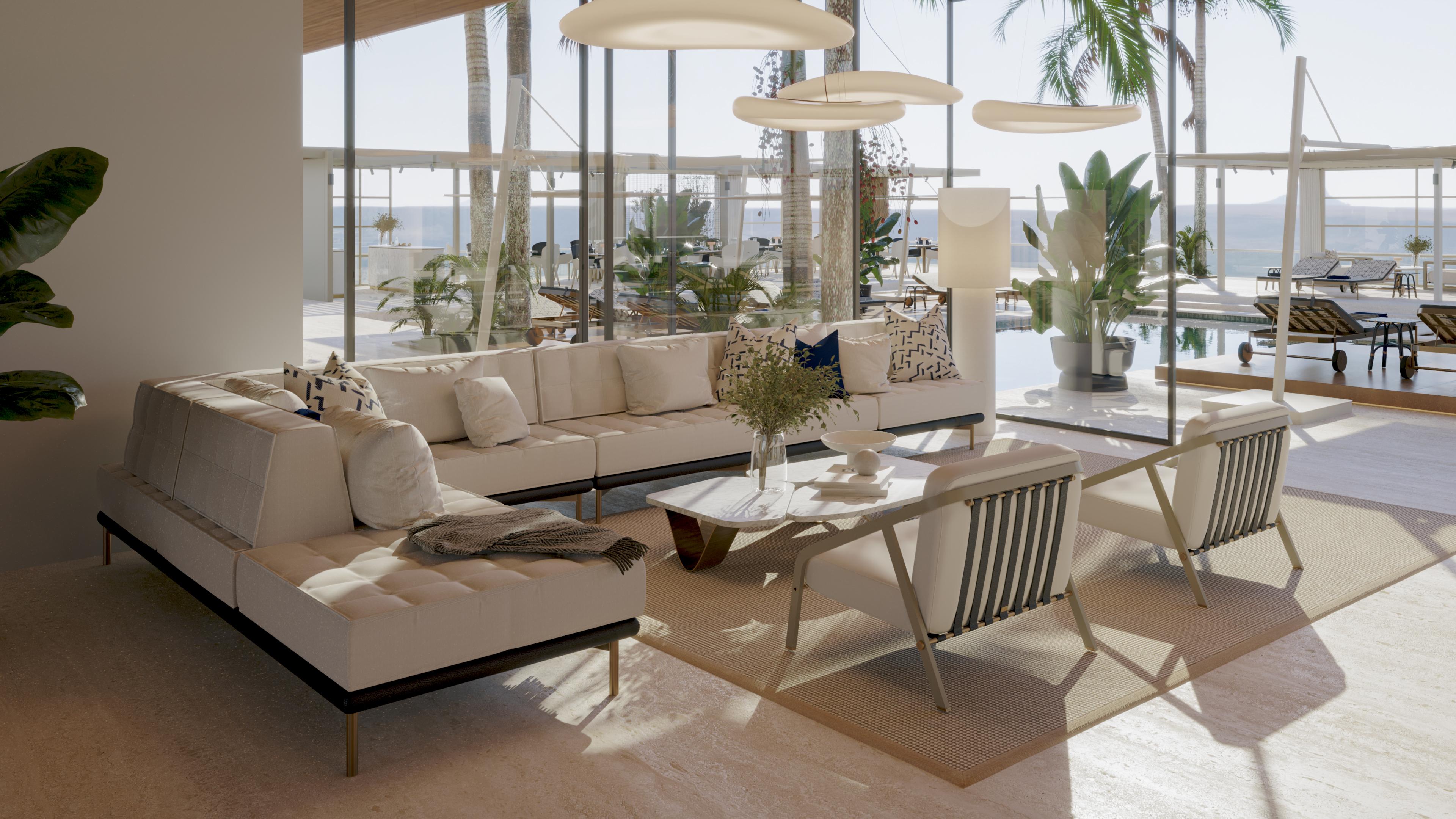 Modern Sectional Outdoor Sofa with Beige Fabric and Leather Accents In New Condition For Sale In Santo Tirso, PT