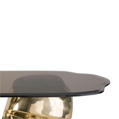 Contemporary Moai Console Table in Polished Brass Cast and Glass Tabletop