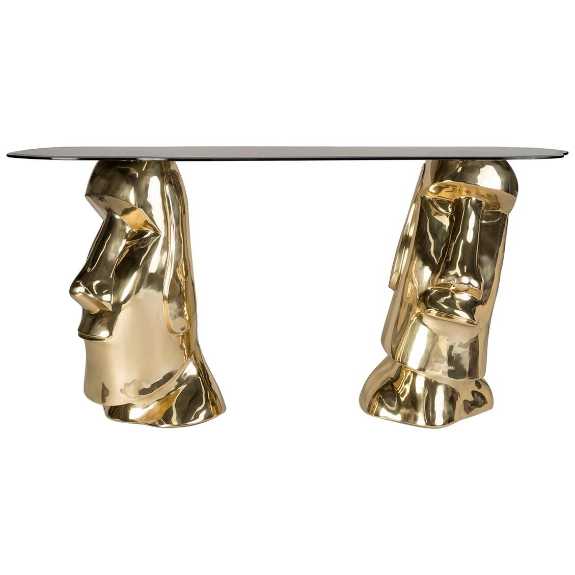 Contemporary Moai Console Table in Polished Brass Cast and Bronze Tempered Glass