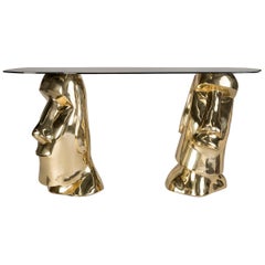 Contemporary Moai Console Table in Polished Brass Cast and Bronze Tempered Glass
