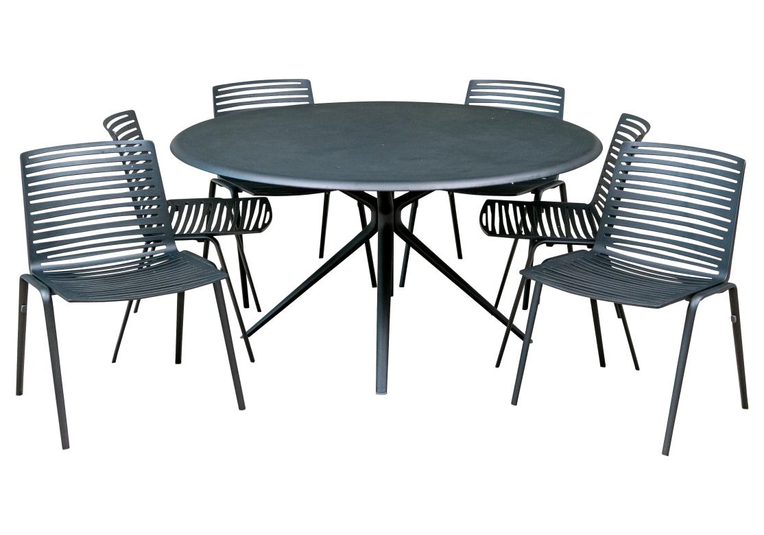 MOAI round aluminum dining table in a powder coated finish along with 6 Zebra Model MOAI side chairs. The table designed by Lievore Altherr in a fine mid-century style with clean lines and graceful geometry. The table with four tapering and