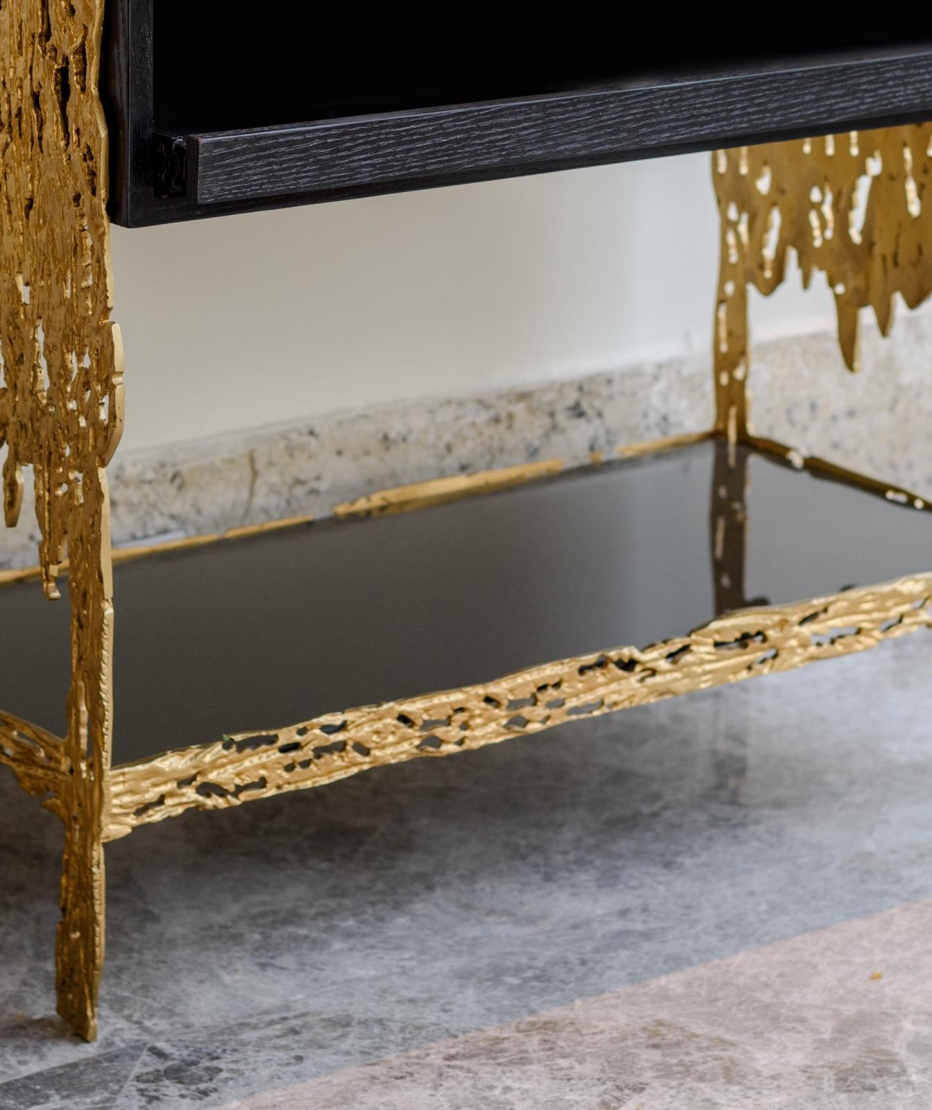 Handmade Black Stained Wood & Solid Brass Structure Table – Moana by R’Kan For Sale 1