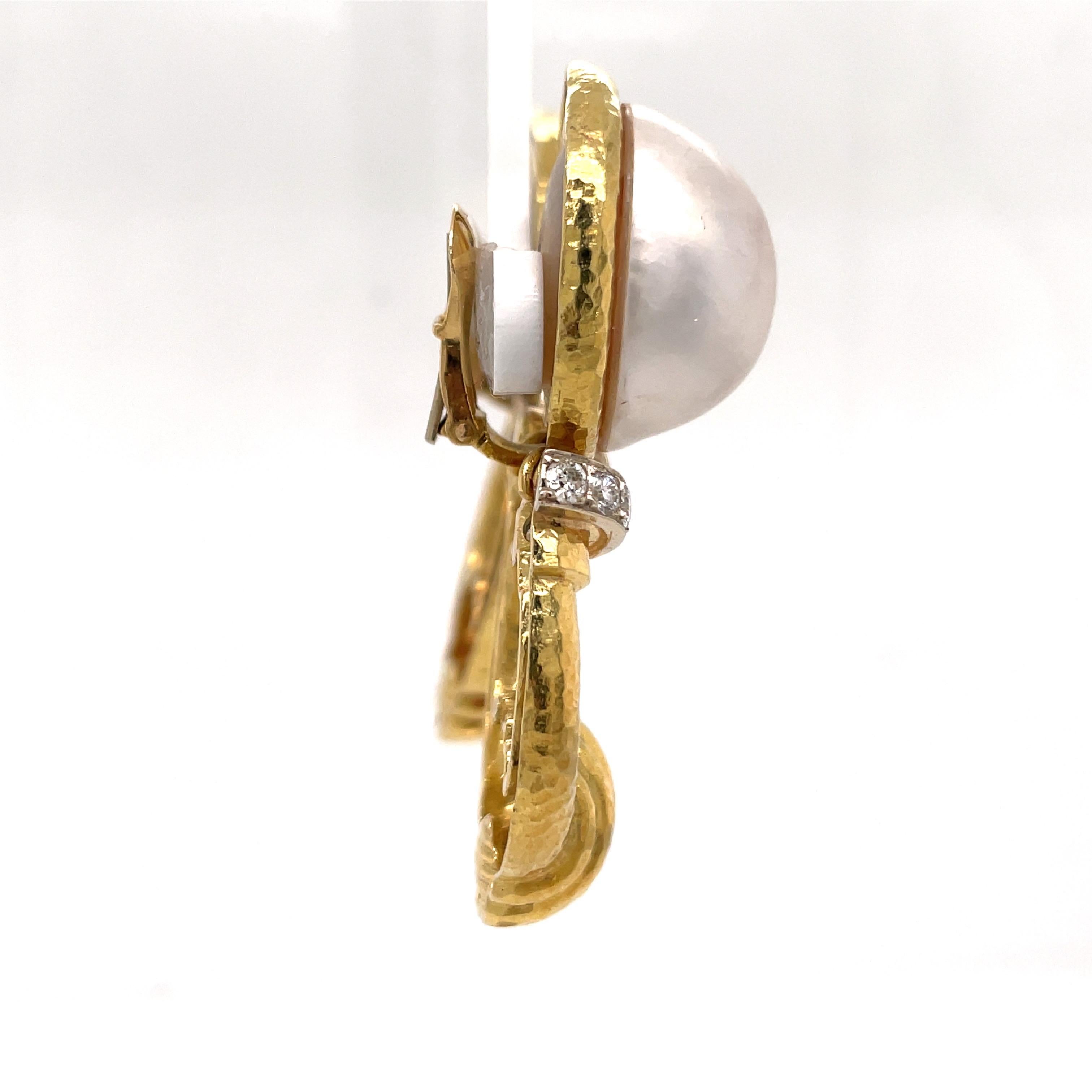 Mob Pearl Diamond Doorknocker Drop Earrings 18 Karat Yellow Gold 41.1 Grams  For Sale 3