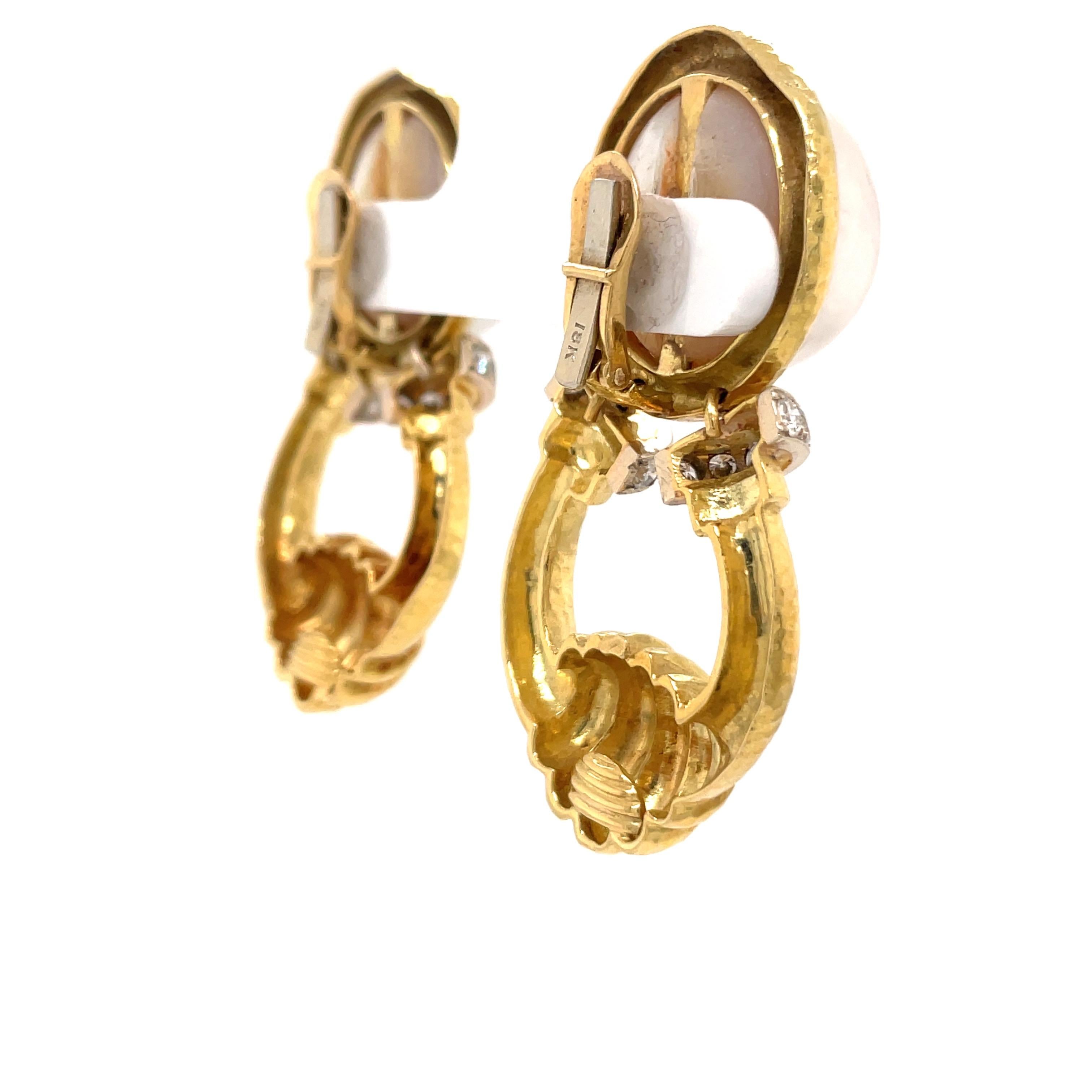 Mob Pearl Diamond Doorknocker Drop Earrings 18 Karat Yellow Gold 41.1 Grams  For Sale 4