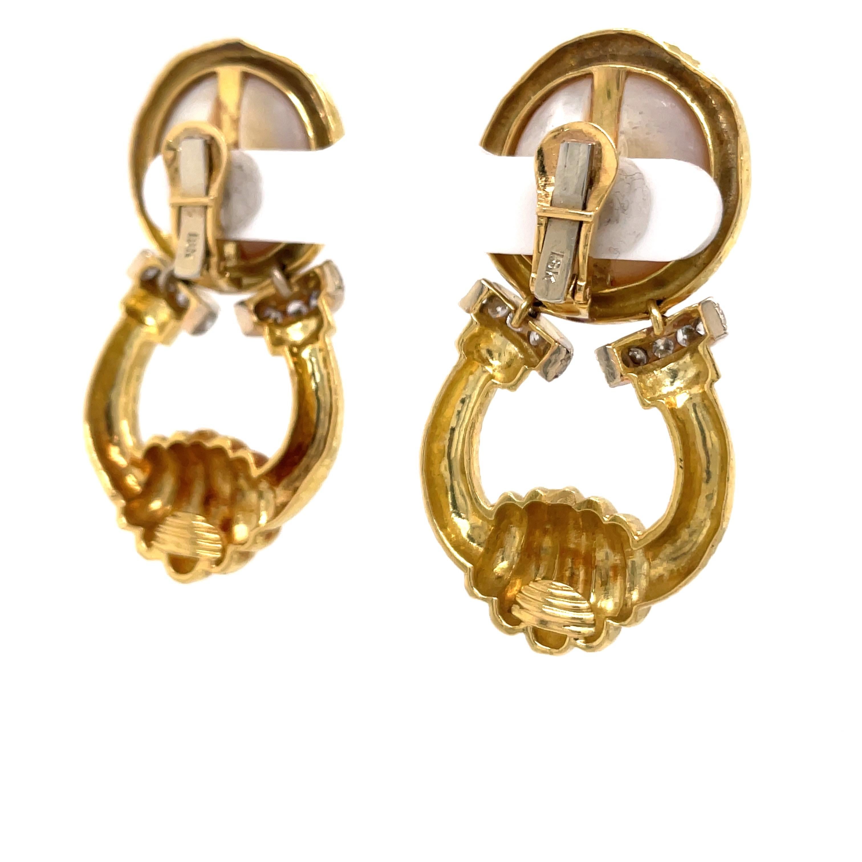 Mob Pearl Diamond Doorknocker Drop Earrings 18 Karat Yellow Gold 41.1 Grams  For Sale 5