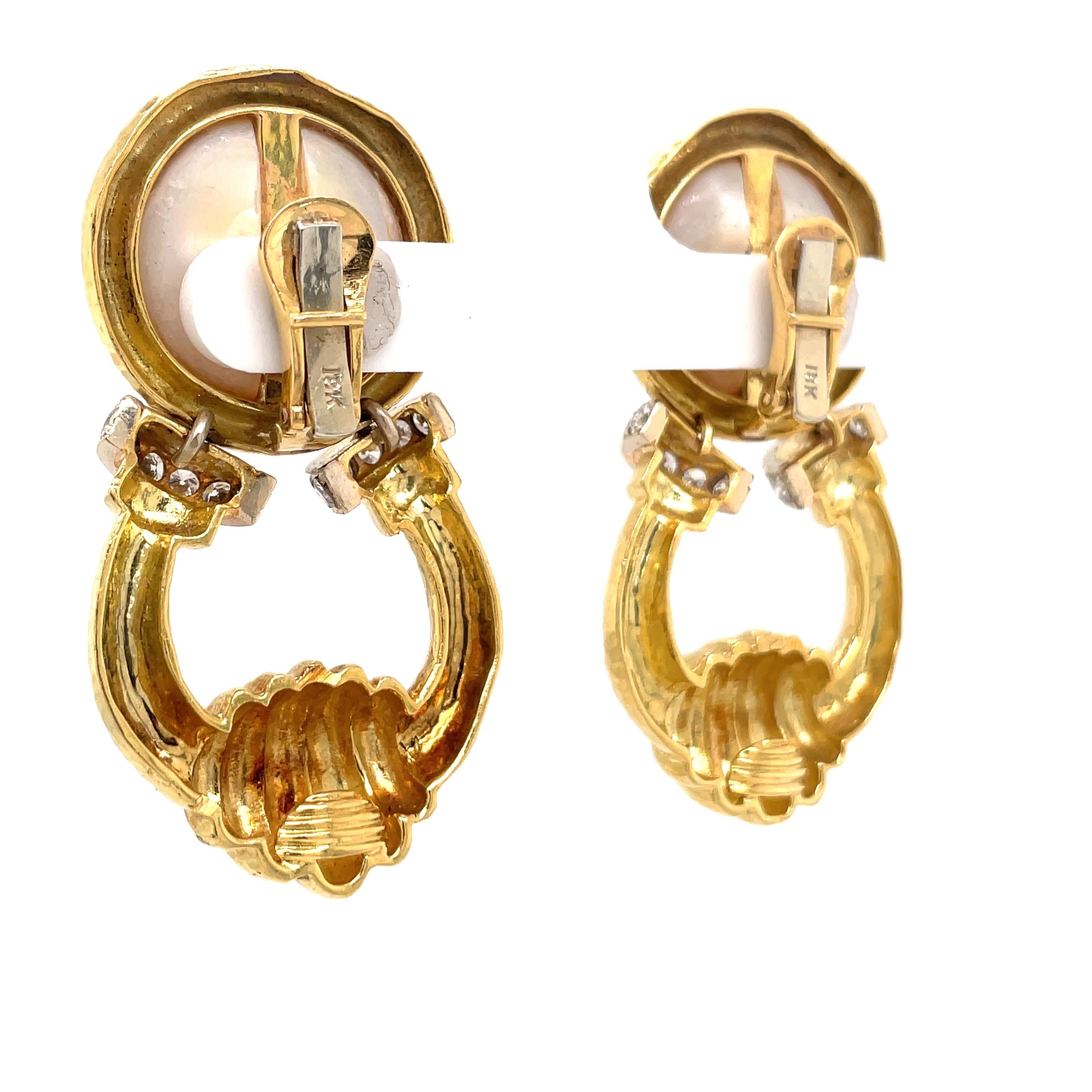 Mob Pearl Diamond Doorknocker Drop Earrings 18 Karat Yellow Gold 41.1 Grams  For Sale 6