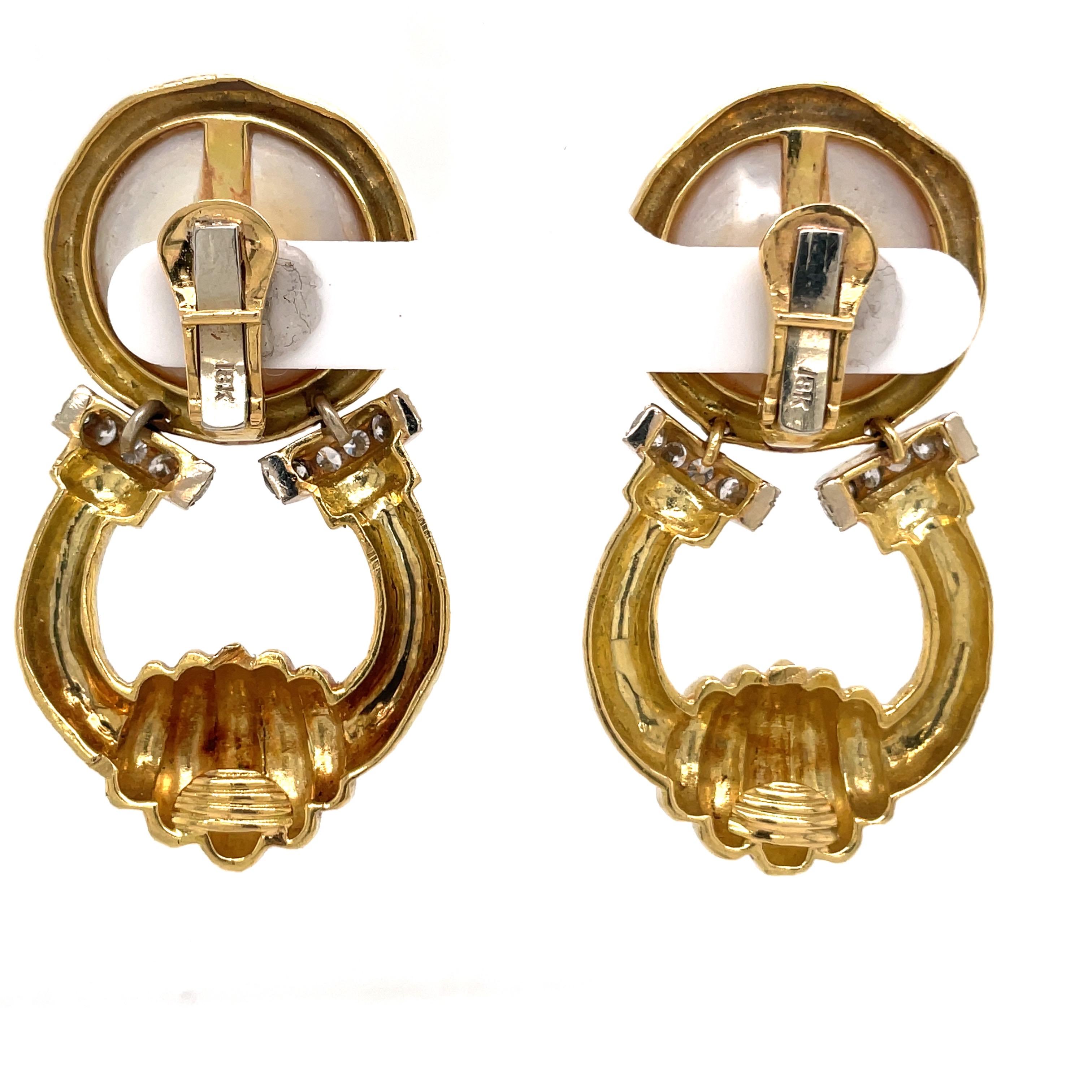 Mob Pearl Diamond Doorknocker Drop Earrings 18 Karat Yellow Gold 41.1 Grams  For Sale 7