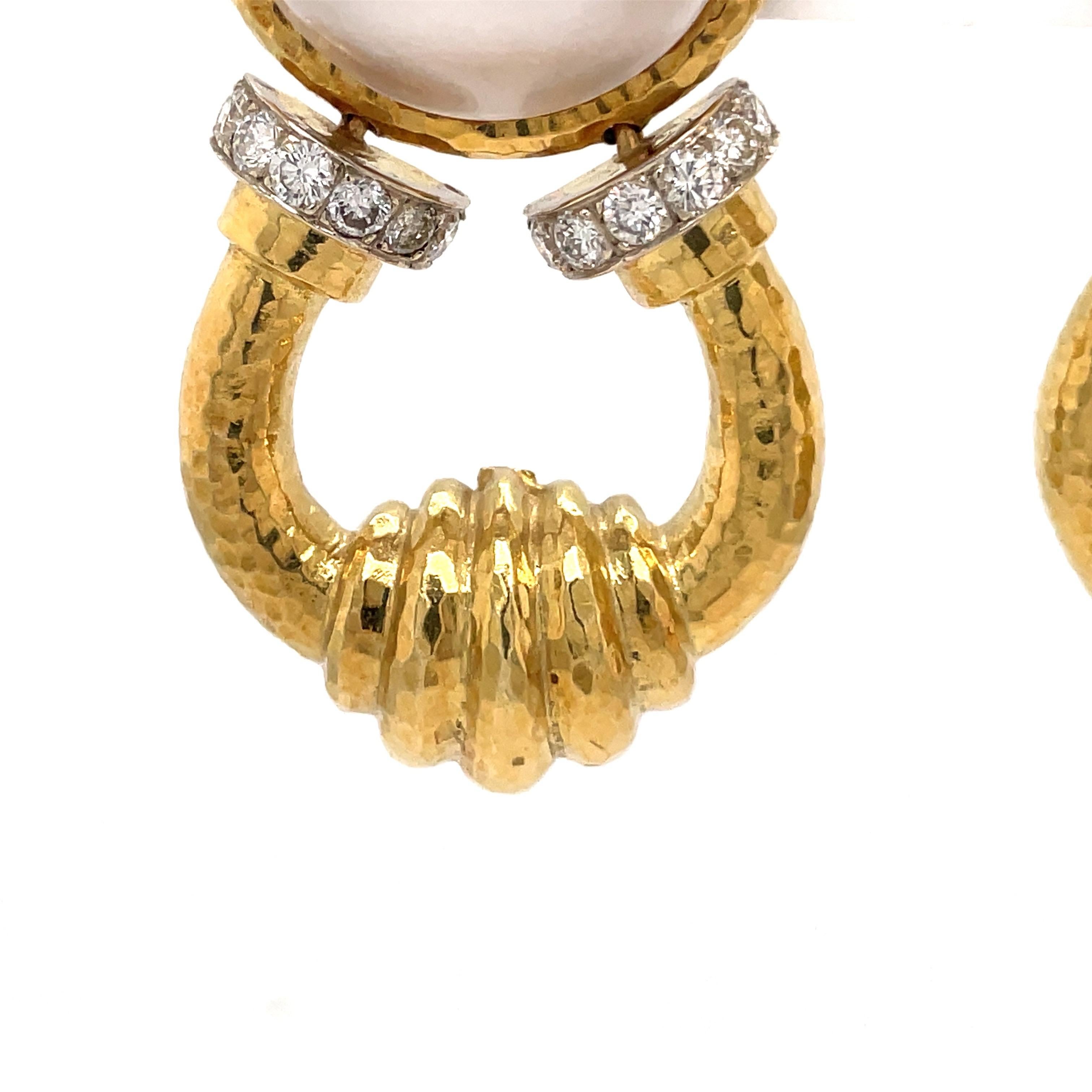 Round Cut Mob Pearl Diamond Doorknocker Drop Earrings 18 Karat Yellow Gold 41.1 Grams  For Sale