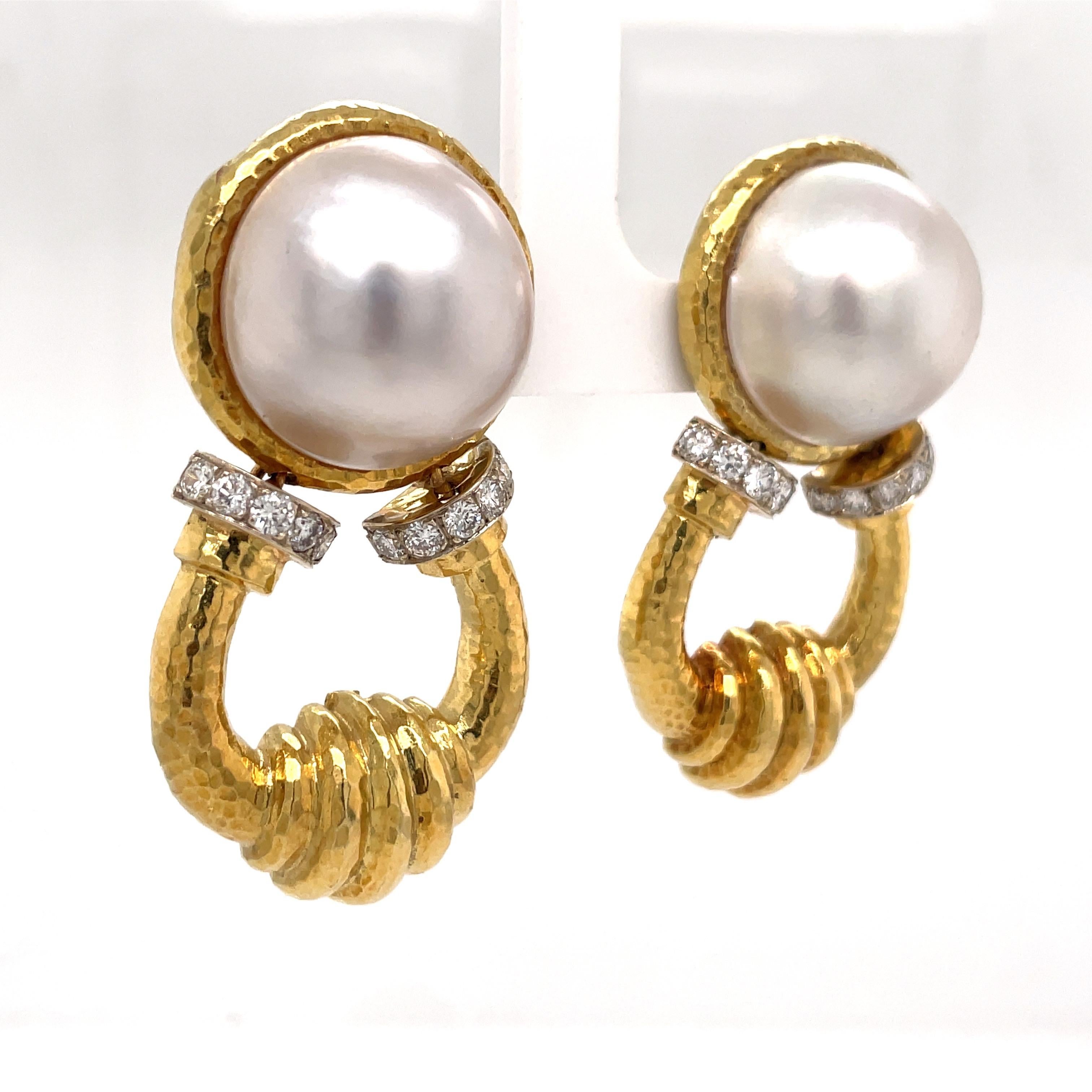 Women's Mob Pearl Diamond Doorknocker Drop Earrings 18 Karat Yellow Gold 41.1 Grams  For Sale