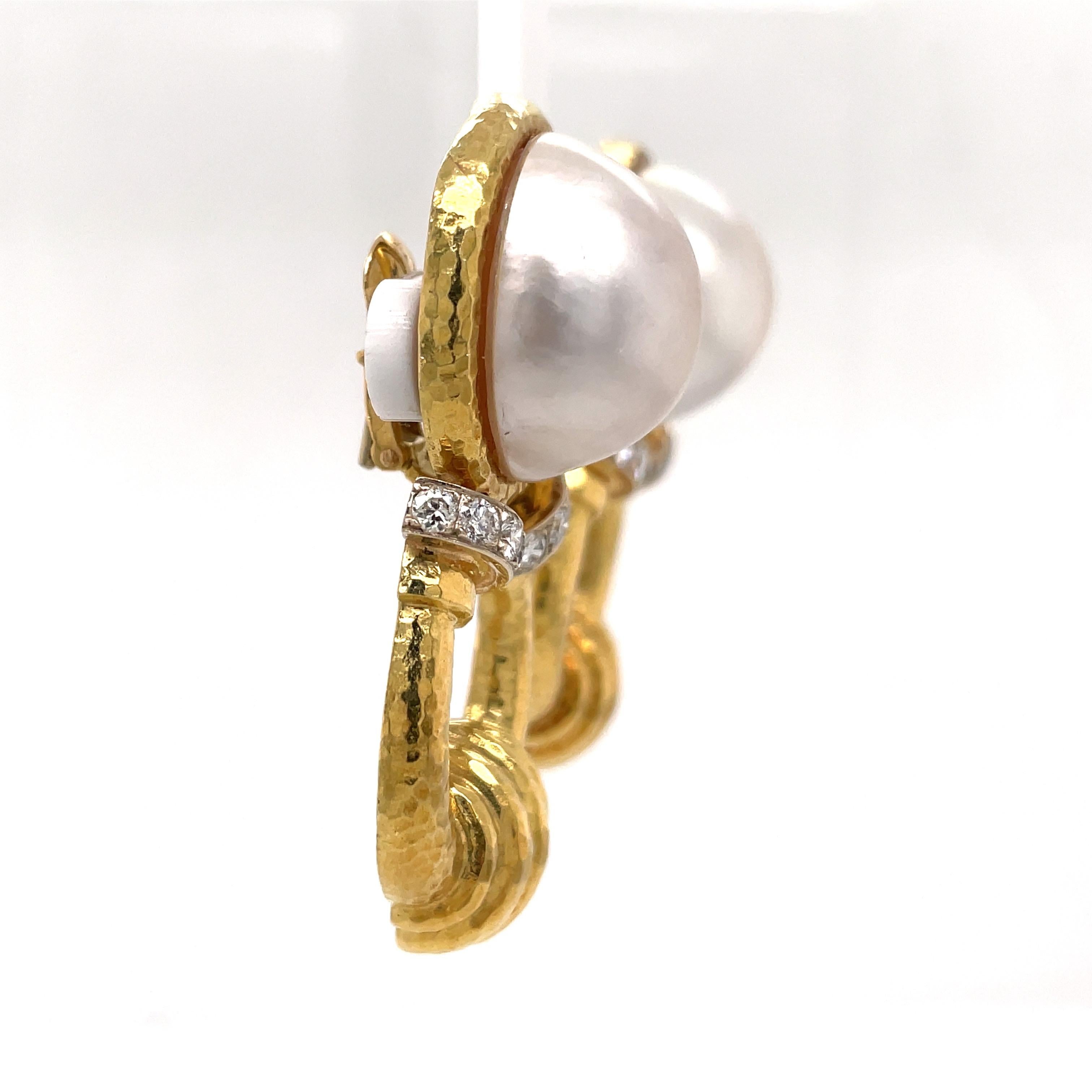 Mob Pearl Diamond Doorknocker Drop Earrings 18 Karat Yellow Gold 41.1 Grams  For Sale 2