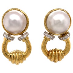 Mob Pearl Diamond Doorknocker Drop Earrings 18 Karat Yellow Gold 41.1 Grams