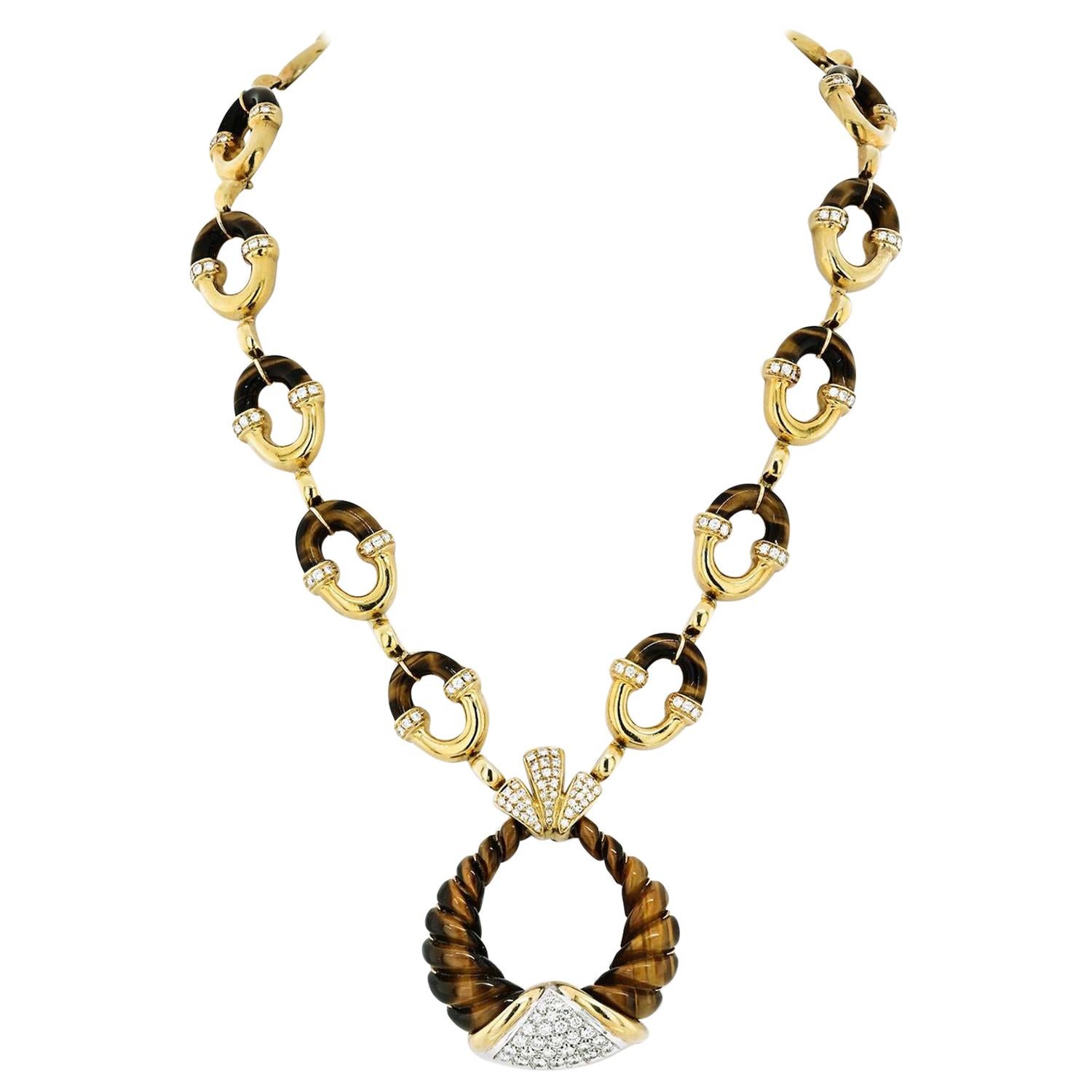 MOBA 18K Yellow Gold Unusual Tribal Style 1970's Tiger Eye Diamond Link Necklace
