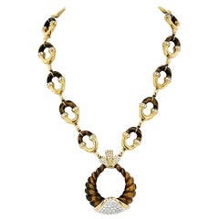 MOBA 18K Yellow Gold Unusual Tribal Style 1970's Tiger Eye Diamond Link Necklace
