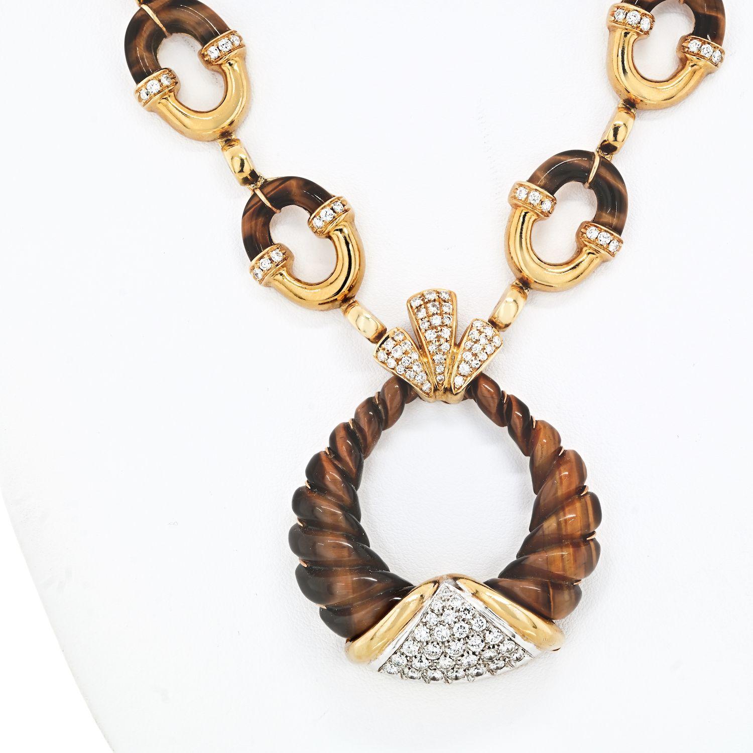 Modern MOBA 18K Yellow Gold Unusual Tribal Style 1970's Tiger Eye Diamond Link Necklace