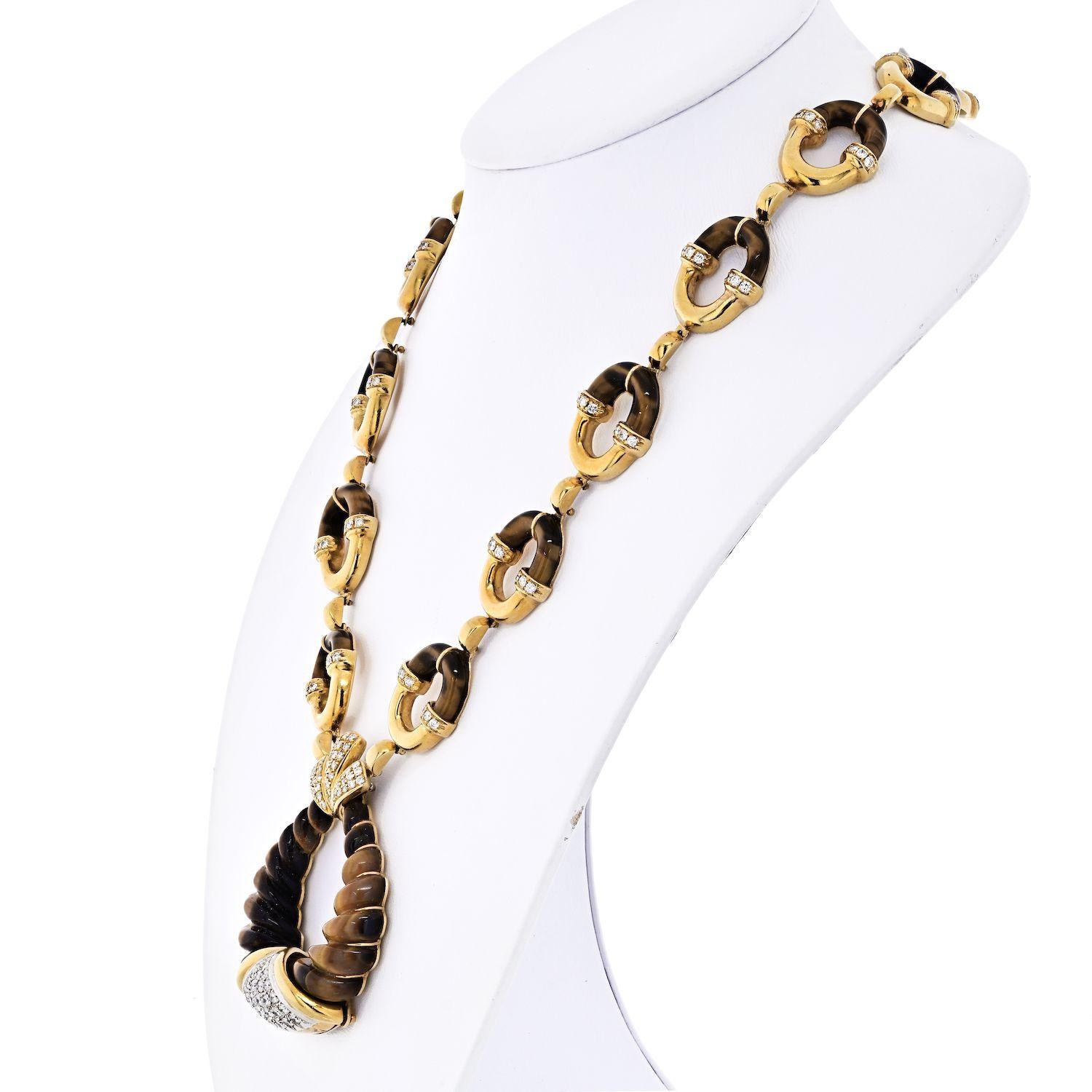 Round Cut MOBA 18K Yellow Gold Unusual Tribal Style 1970's Tiger Eye Diamond Link Necklace