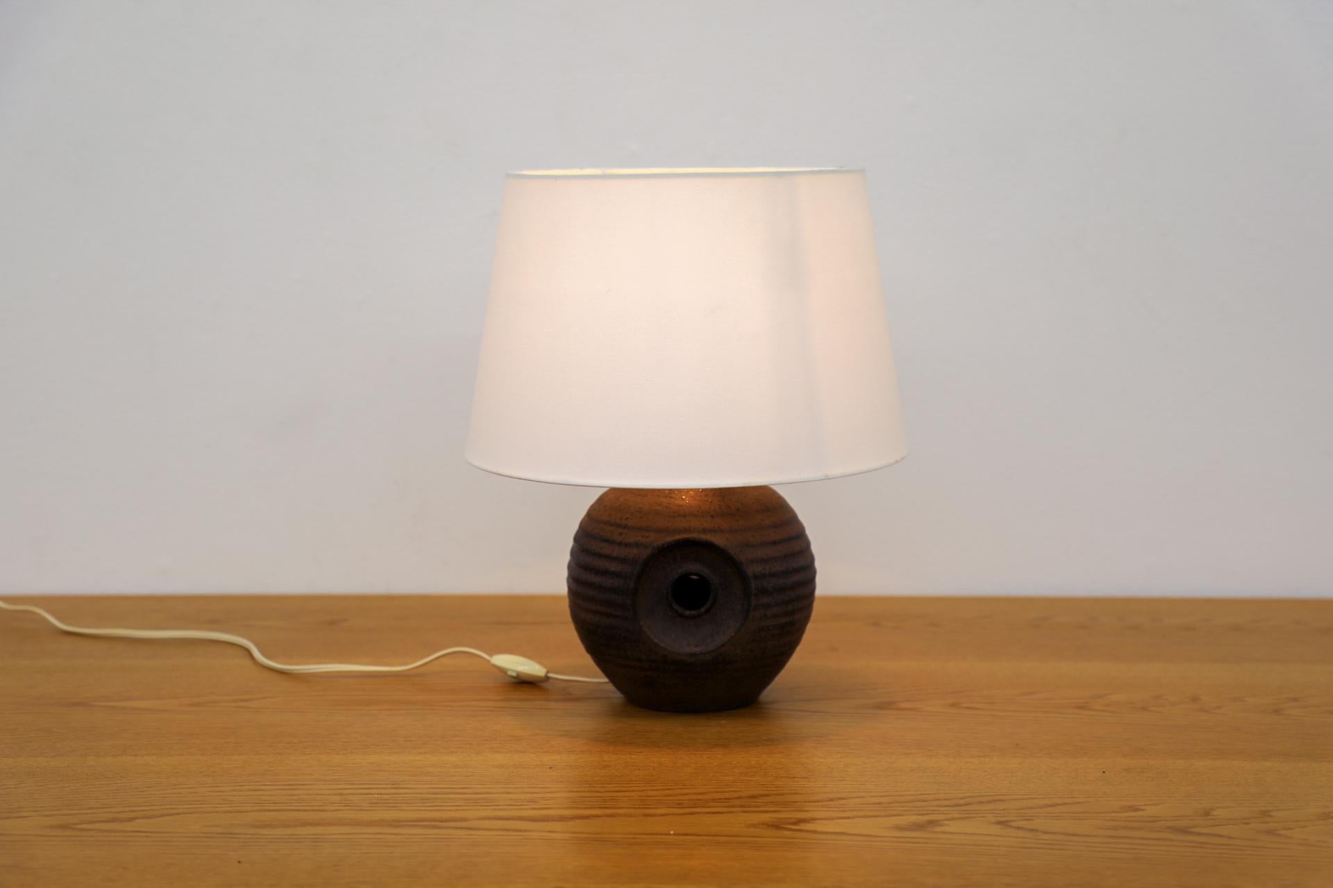 Mid-Century Modern Mobach Dark Purple Ceramic Globe Table Lamp with Cut-Out Design and New Shade For Sale