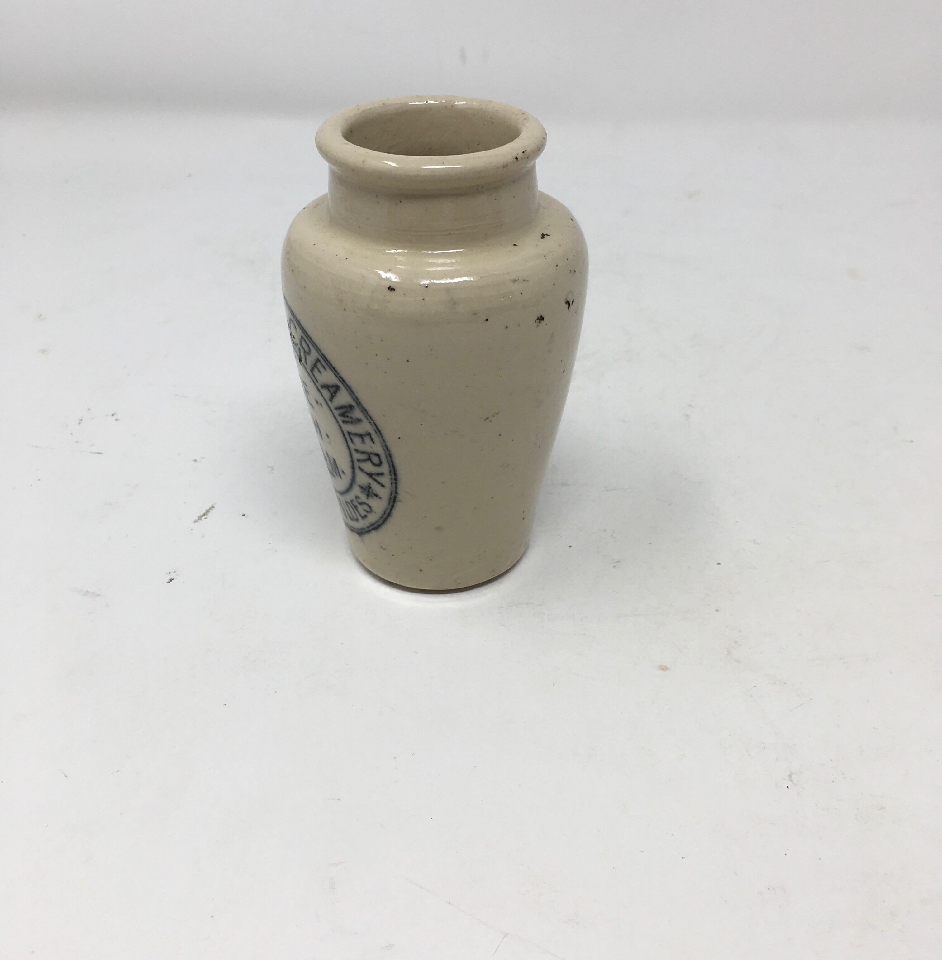 Found in England, this Mobberley creamery pure rich cream – Henry Fildes ironstone advertising pot has beautiful blue transfer typography and is stamped on the bottom Port Dundas Pottery Glasgow.