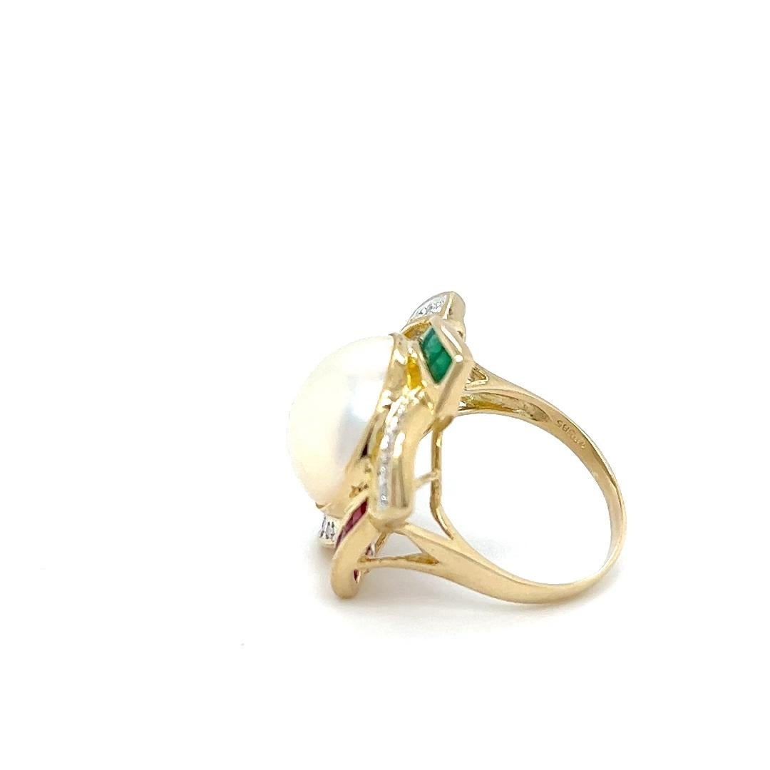 Contemporary Mobe Pearl, Diamond, Sapphire, Emerald, and Ruby Ring in 14K Yellow Gold  For Sale