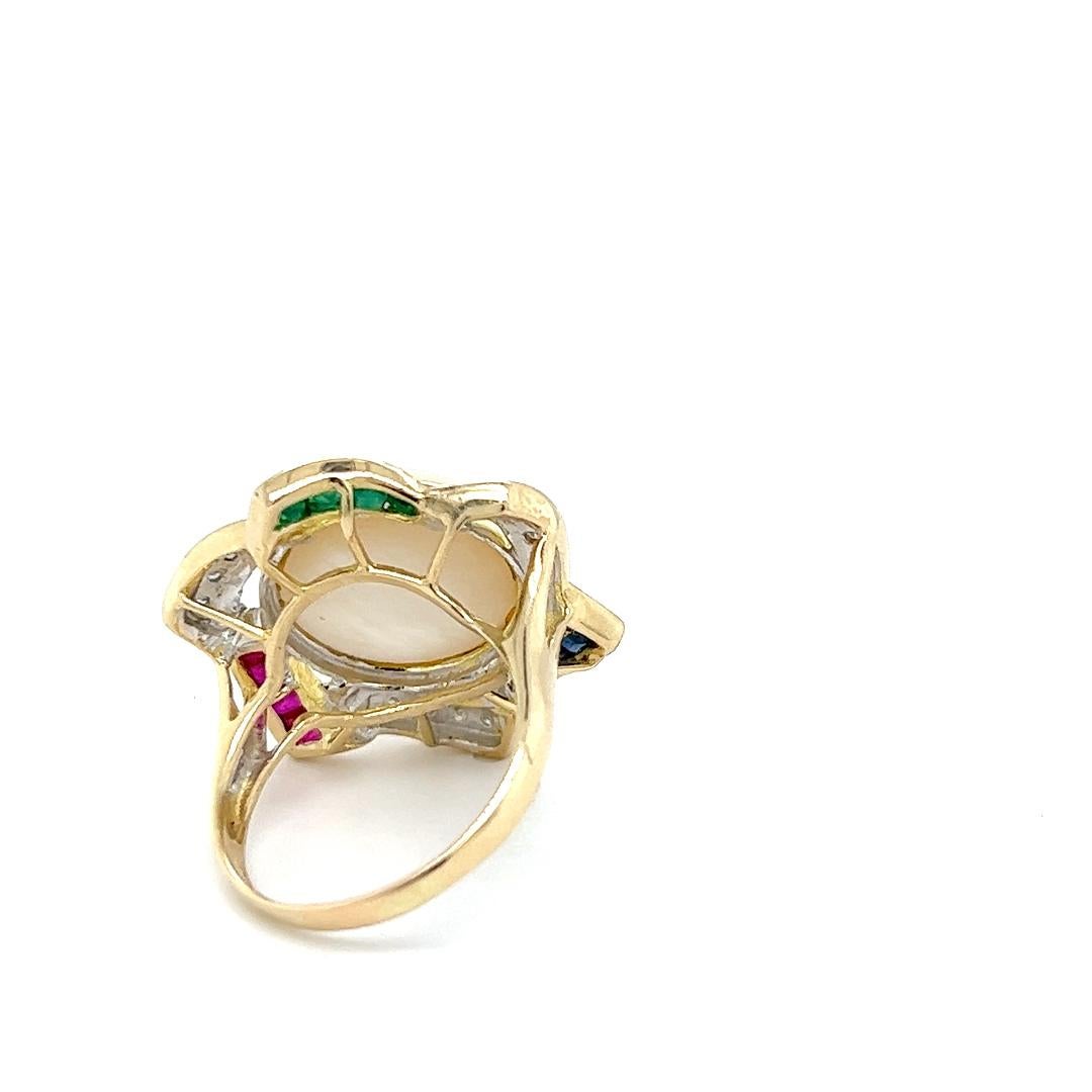 Square Cut Mobe Pearl, Diamond, Sapphire, Emerald, and Ruby Ring in 14K Yellow Gold  For Sale