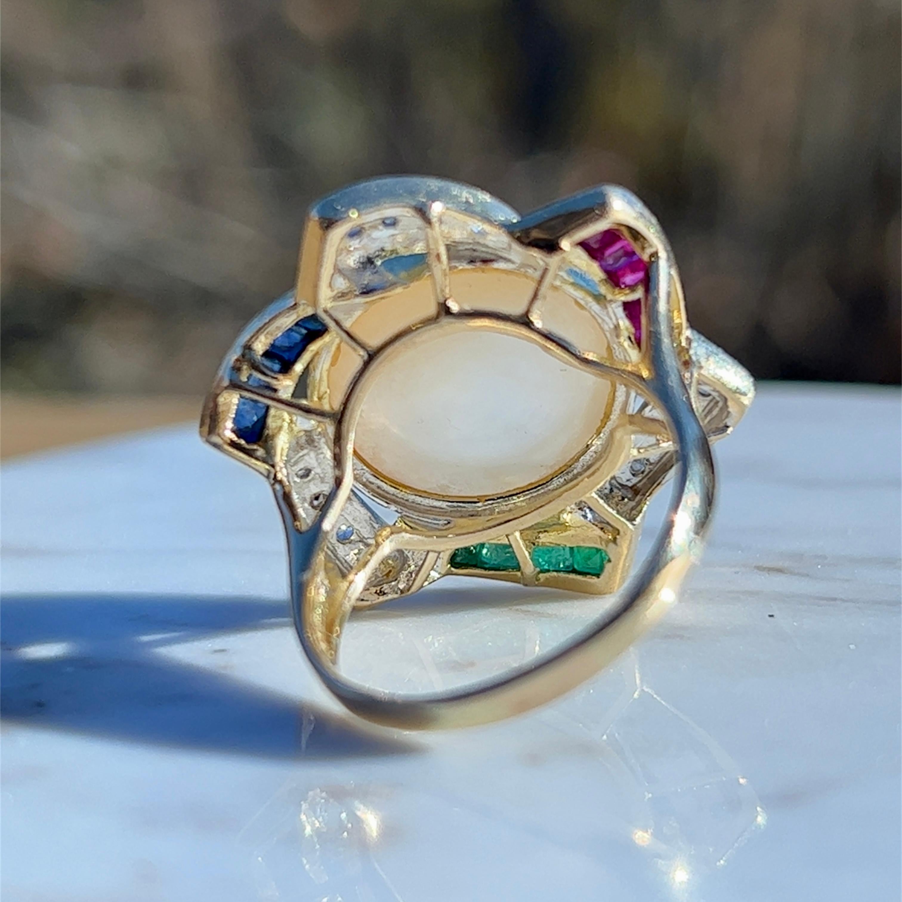 Mobe Pearl, Diamond, Sapphire, Emerald, and Ruby Ring in 14K Yellow Gold  For Sale 1