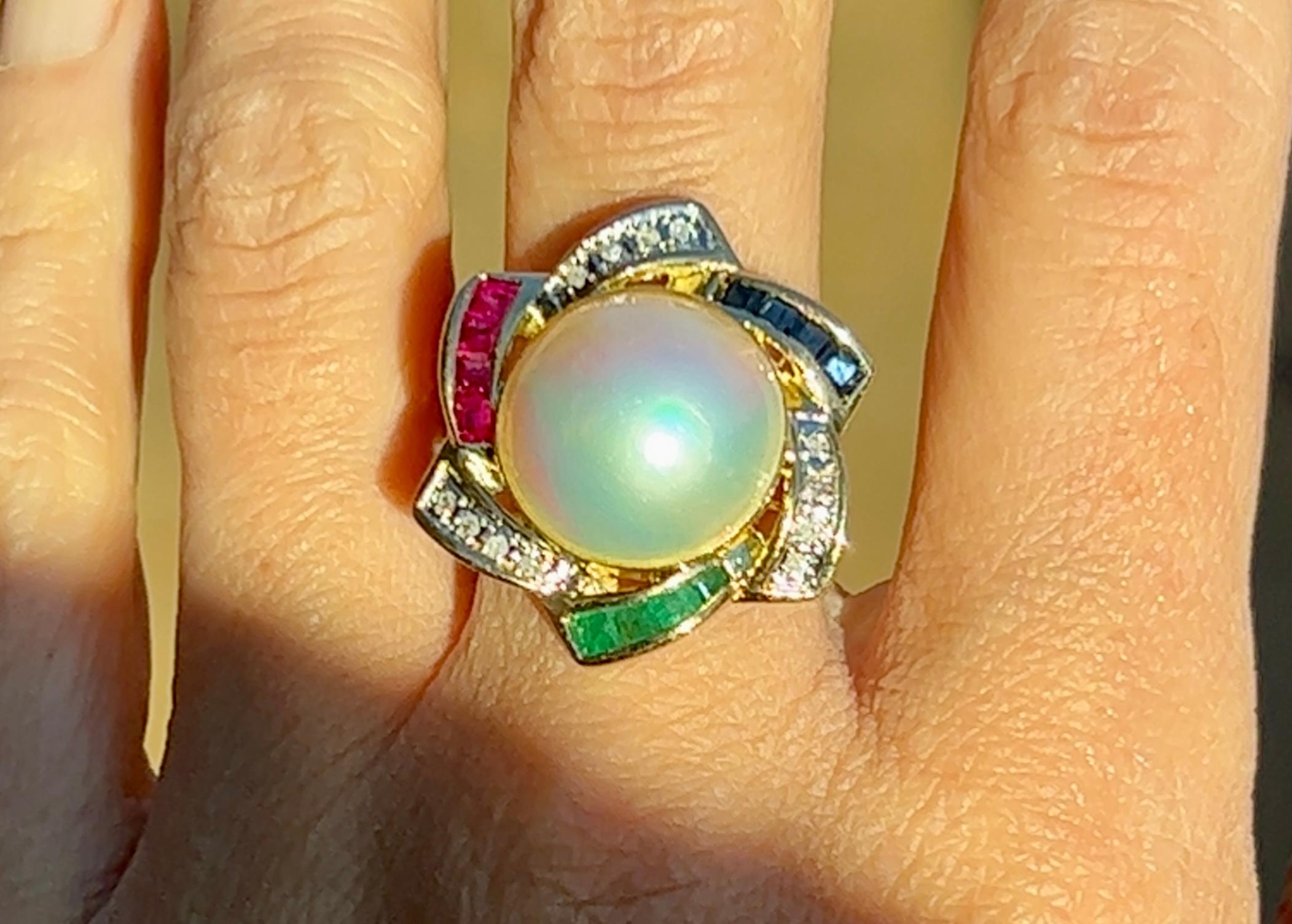 Mobe Pearl, Diamond, Sapphire, Emerald, and Ruby Ring in 14K Yellow Gold  For Sale 3