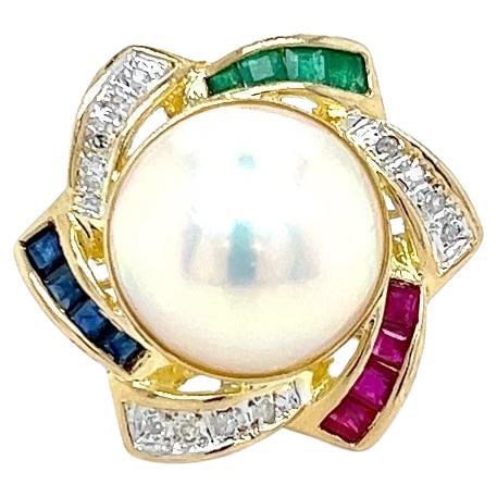 Mobe Pearl, Diamond, Sapphire, Emerald, and Ruby Ring in 14K Yellow Gold  For Sale
