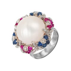 Mobe Pearl Diamond Sapphire Ruby Halo White Gold Mid-Century Cocktail Ring
