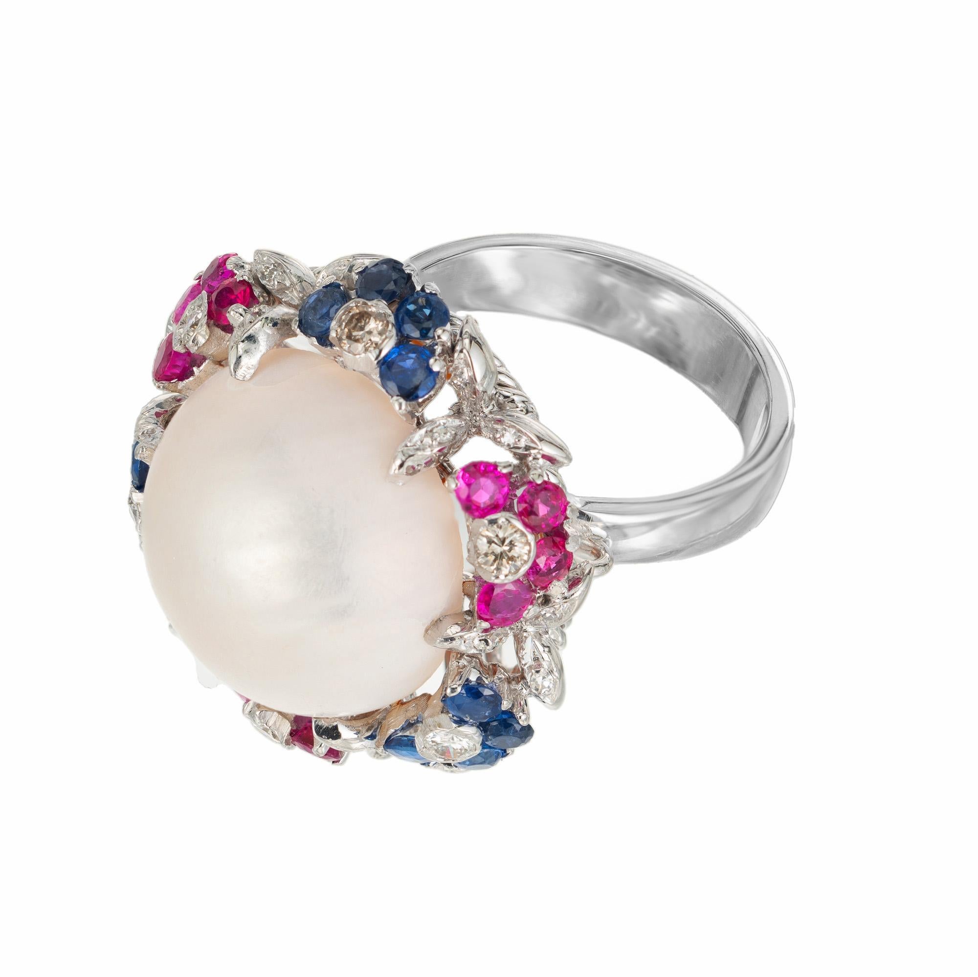 Round Cut Mobe Pearl Diamond Sapphire Ruby Halo White Gold Mid-Century Cocktail Ring For Sale