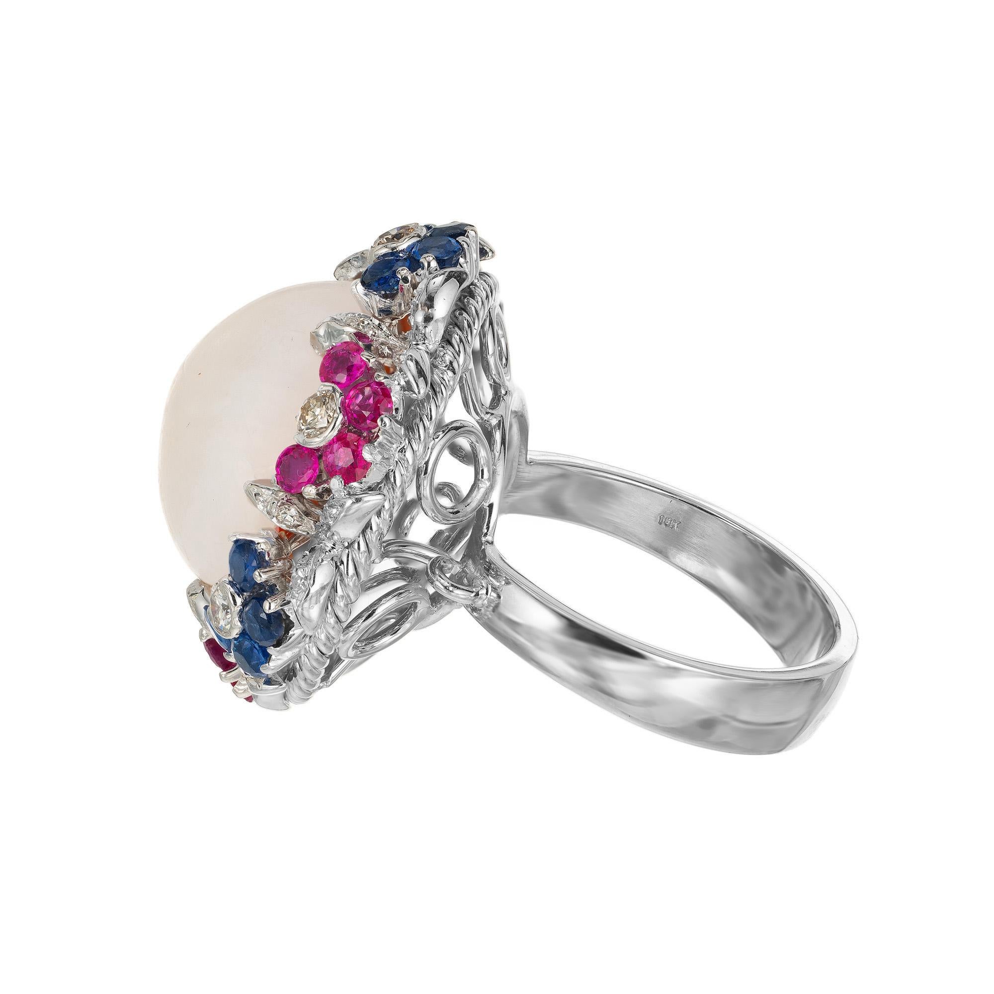Mobe Pearl Diamond Sapphire Ruby Halo White Gold Mid-Century Cocktail Ring In Good Condition For Sale In Stamford, CT