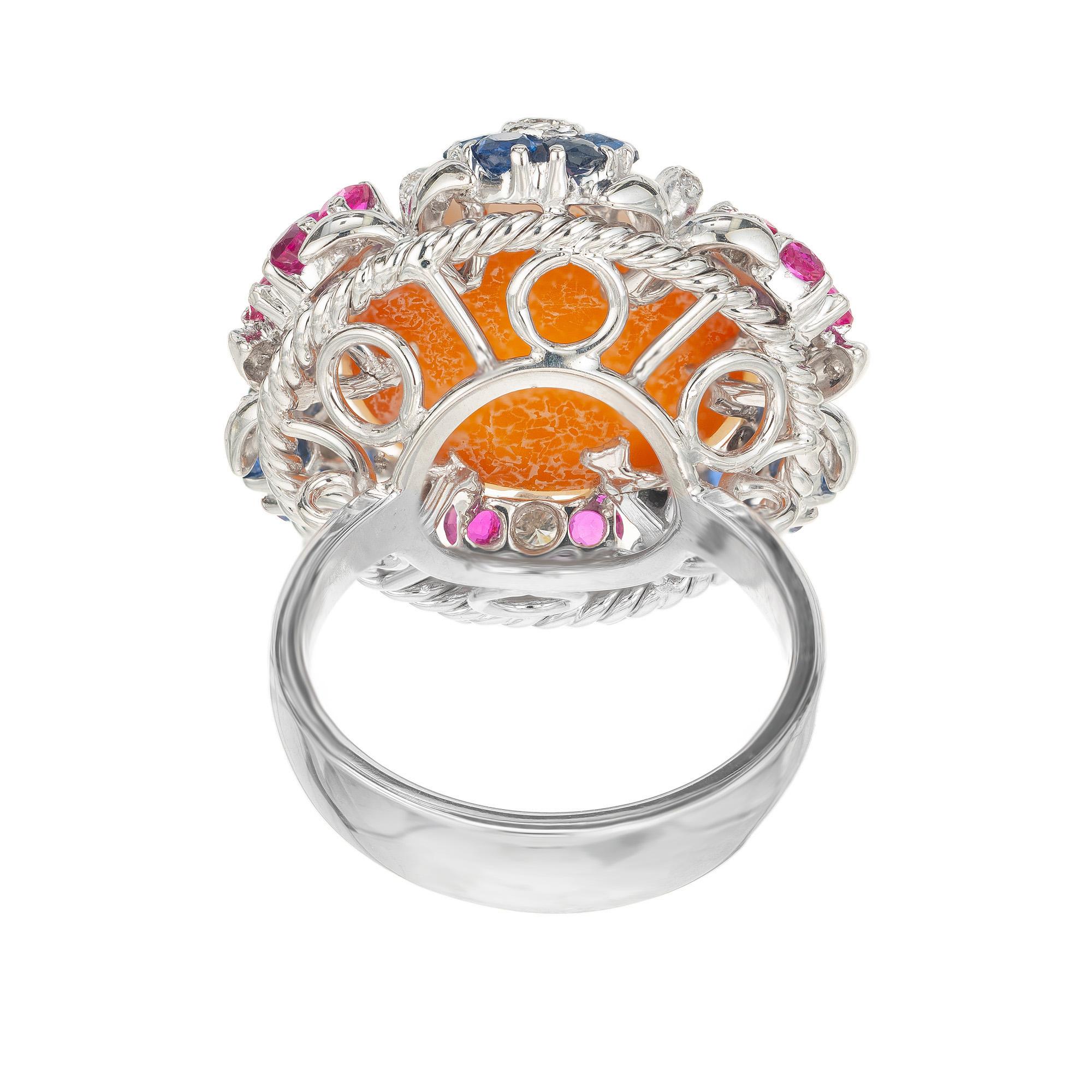 Women's Mobe Pearl Diamond Sapphire Ruby Halo White Gold Mid-Century Cocktail Ring For Sale