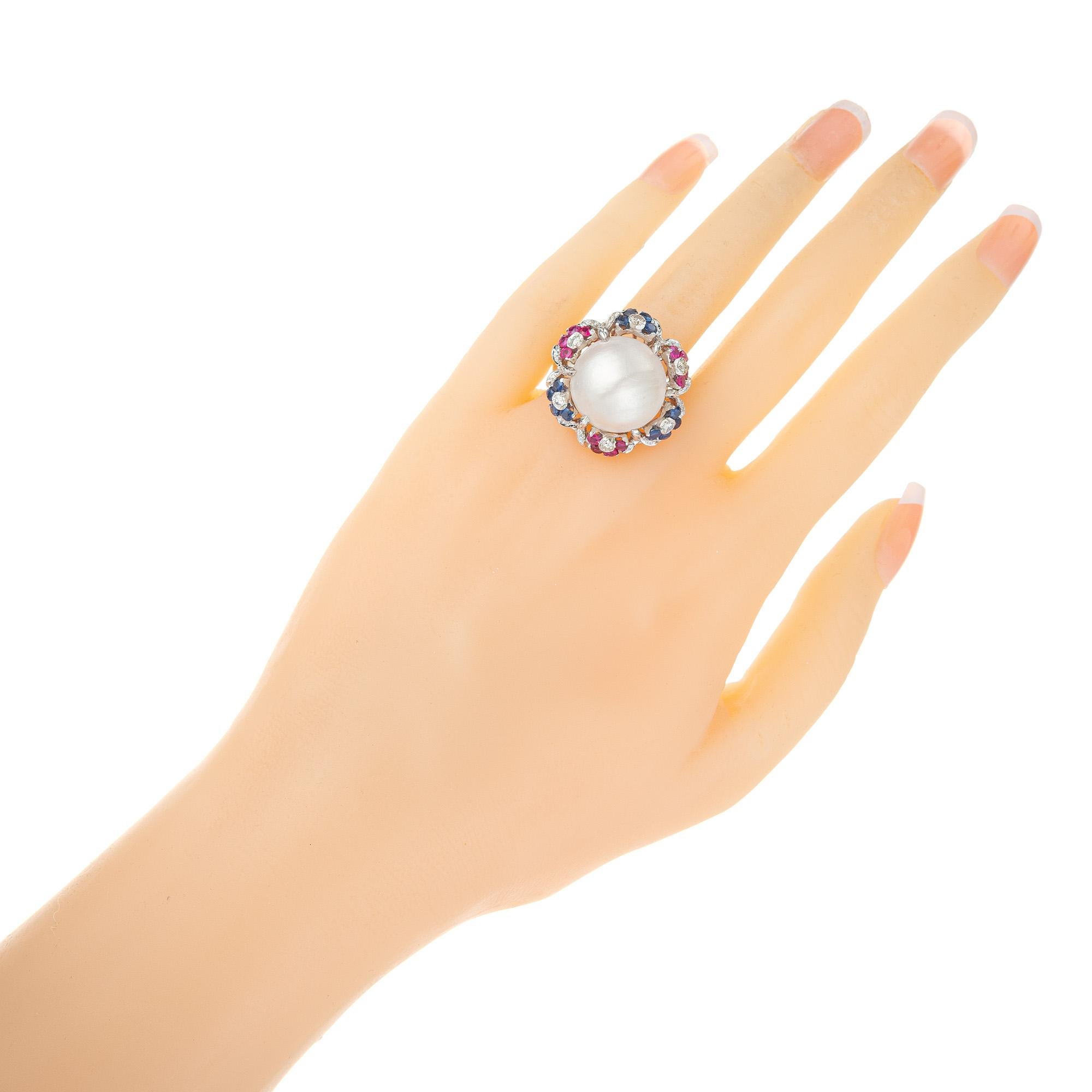 Mobe Pearl Diamond Sapphire Ruby Halo White Gold Mid-Century Cocktail Ring For Sale 2