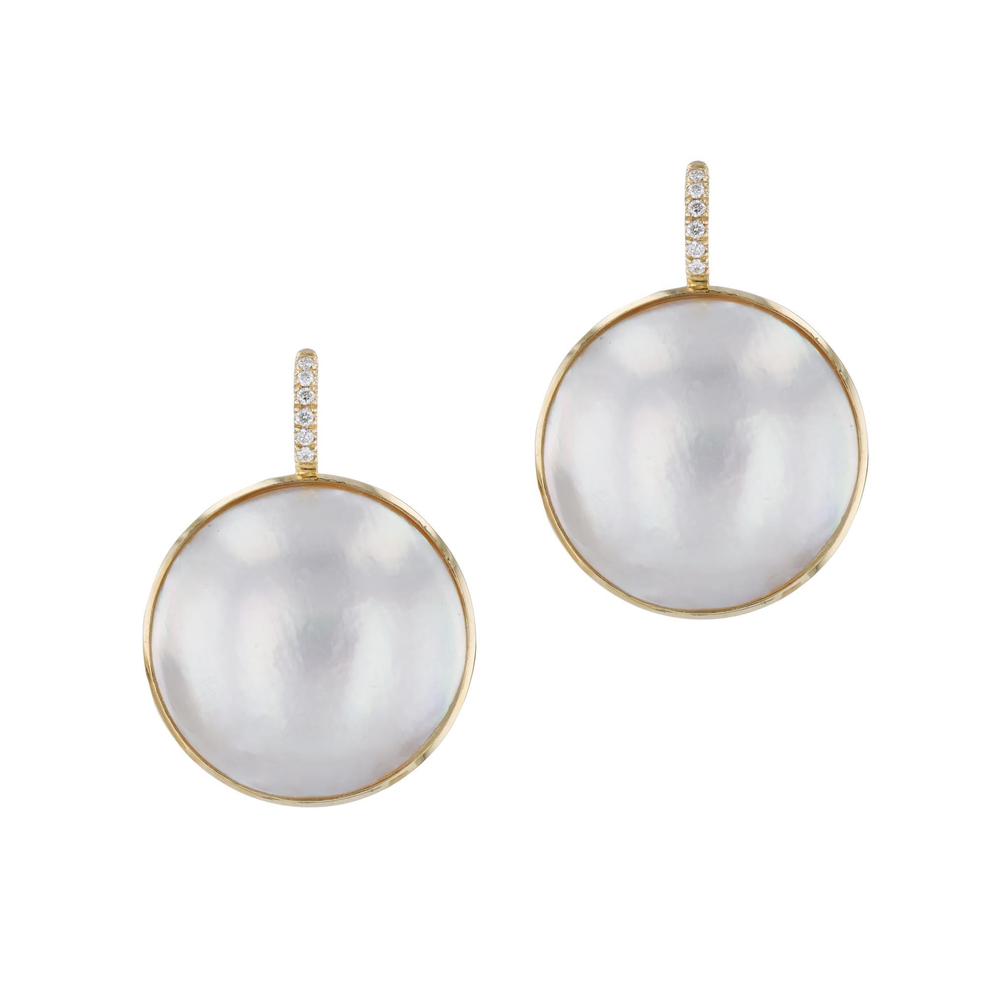 Modern Mobe Pearl Diamond Yellow Gold Drop Earrings Handmade For Sale
