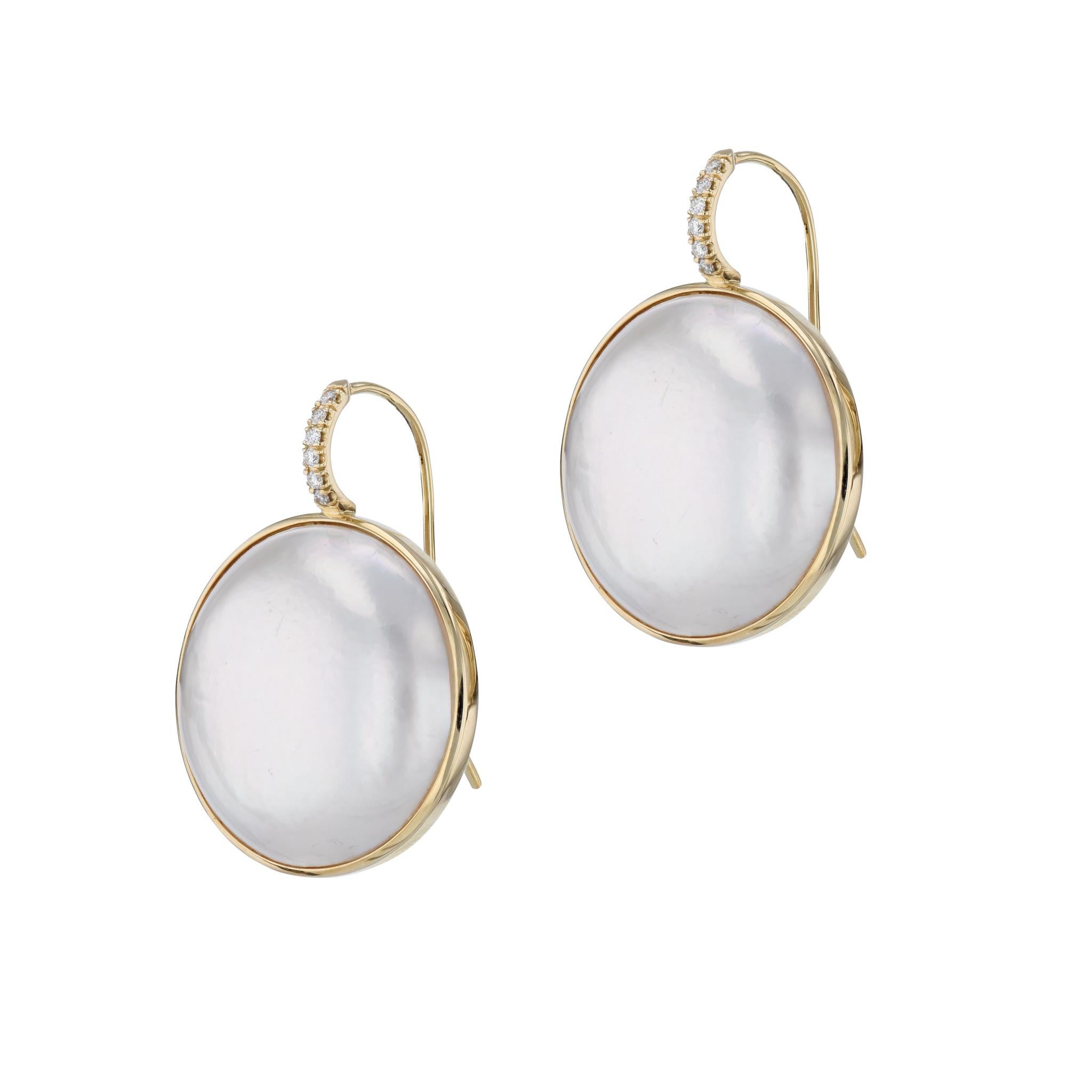 Round Cut Mobe Pearl Diamond Yellow Gold Drop Earrings Handmade For Sale