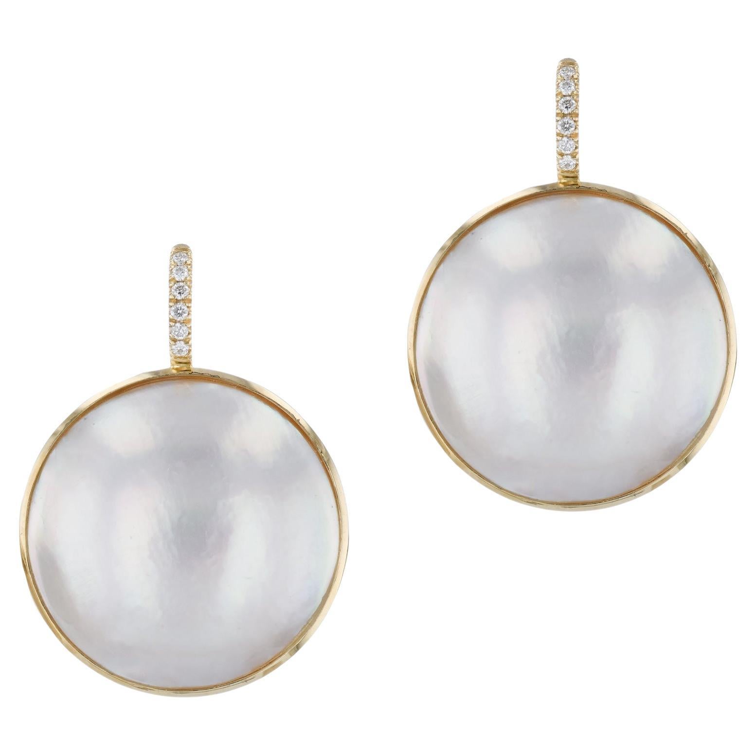 Mobe Pearl Diamond Yellow Gold Drop Earrings Handmade