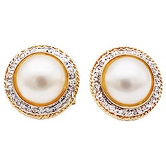 Mobee Pearl and Diamond Button Style Earrings, .20 Carat Yellow Gold