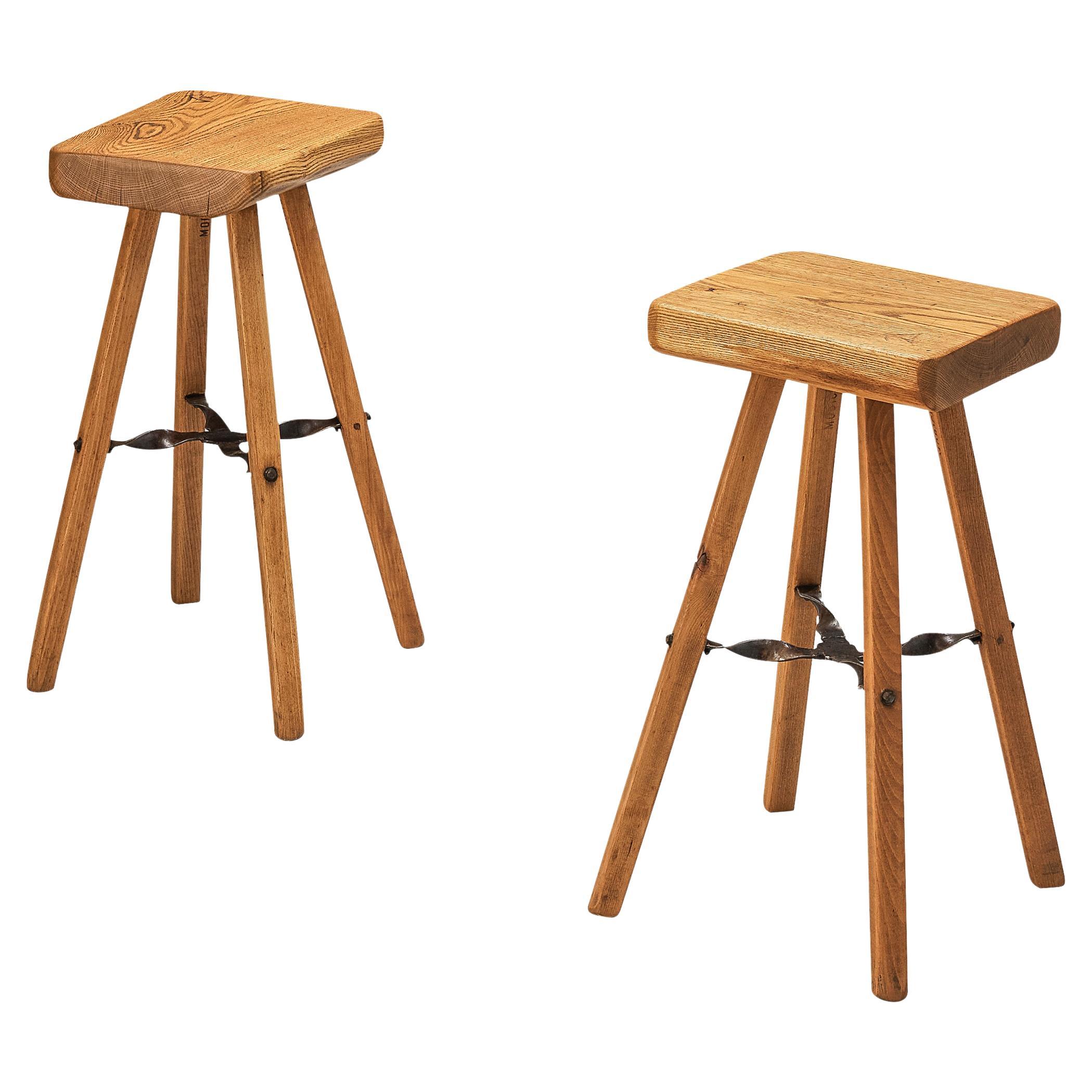 Mobichalet Brutalist Bar Stools in Blond Pine Wood and Iron For Sale