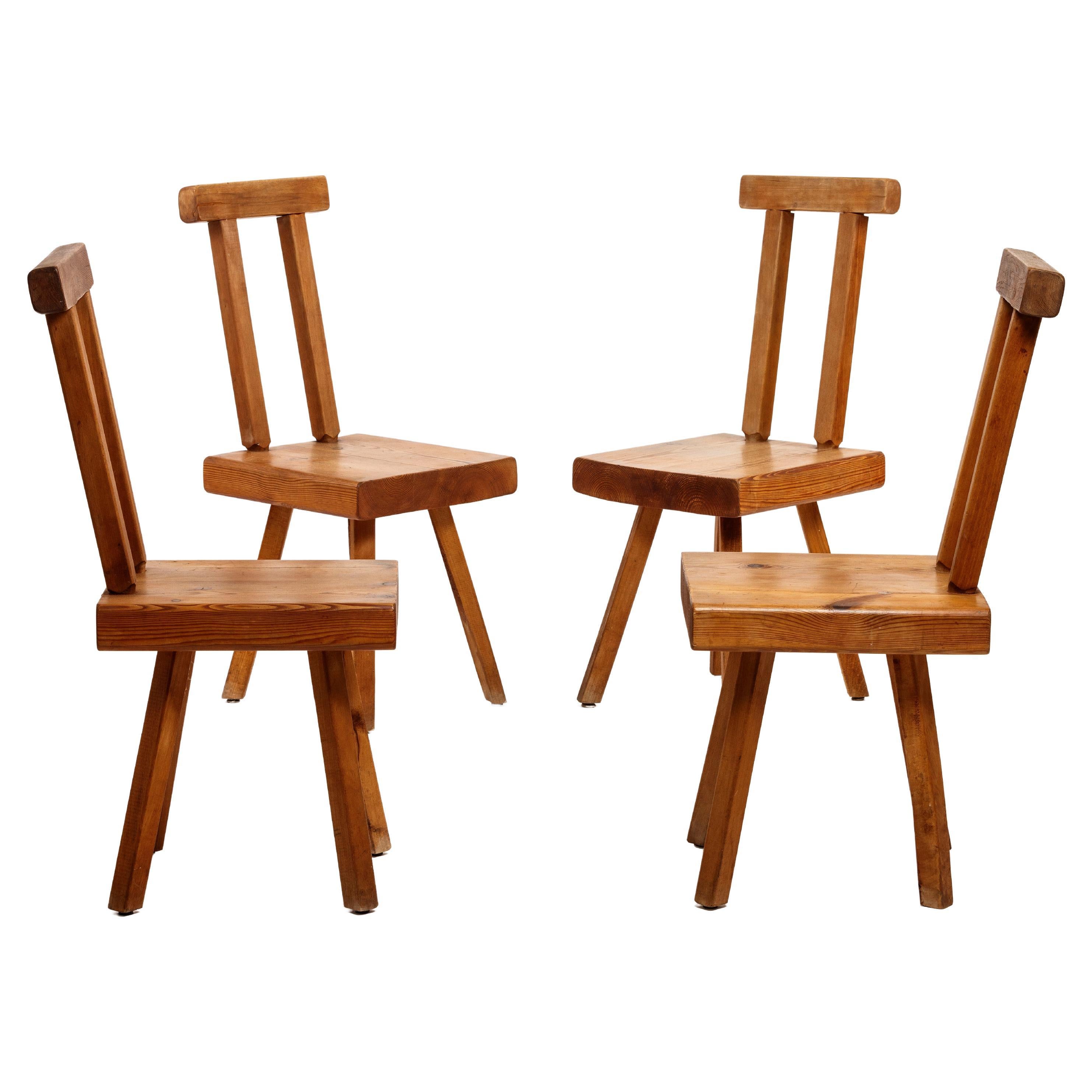 Mobichalet Brutalist set of 4 Solid Wood Chairs 1960 For Sale